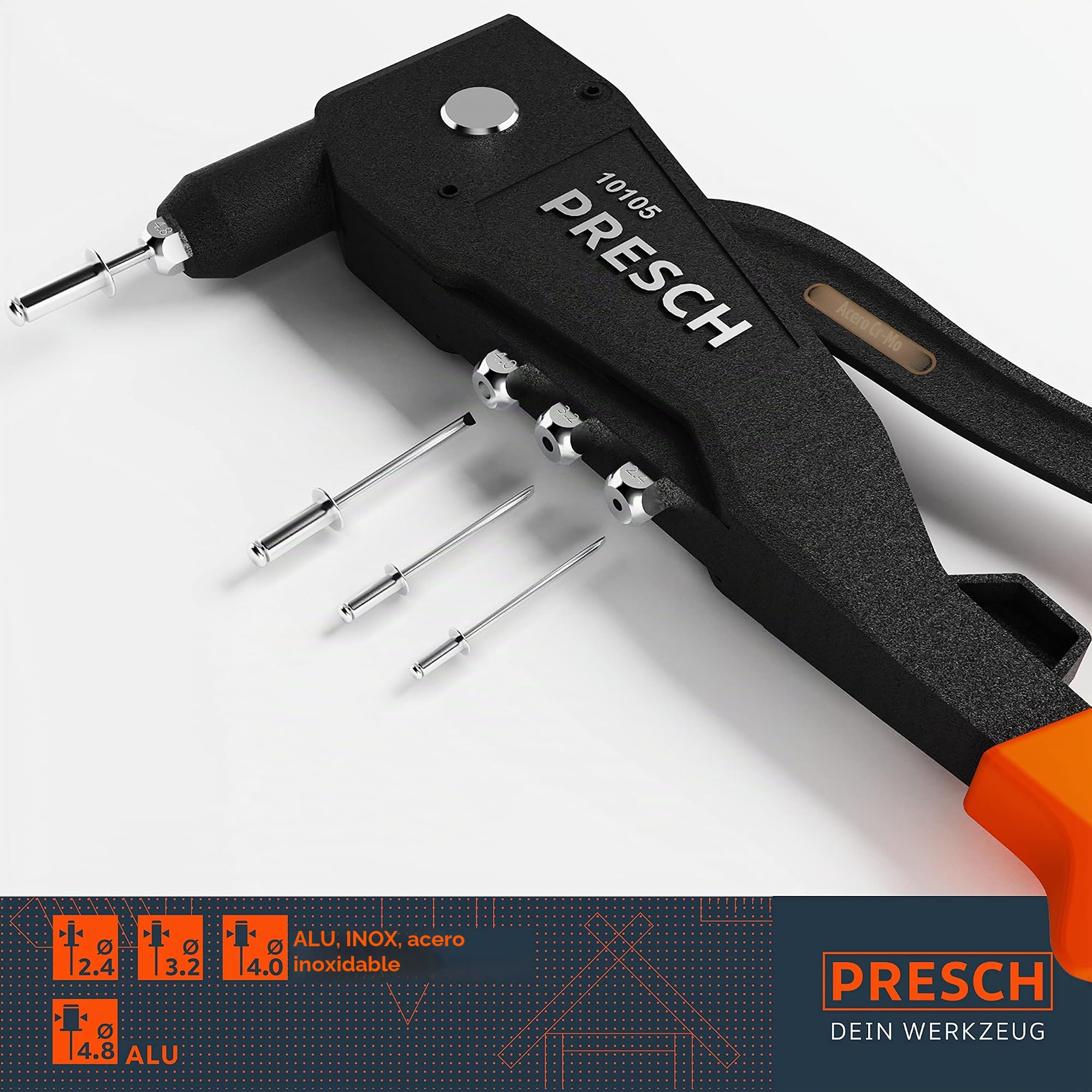 PRESCH Set de Remachadora Manual con 79 piezas en el maletín - Inc. 75 remaches ciegos, brocas HSS a juego y llave de montaje con calibre de remaches - Set todo incluido de tenazas remachadoras