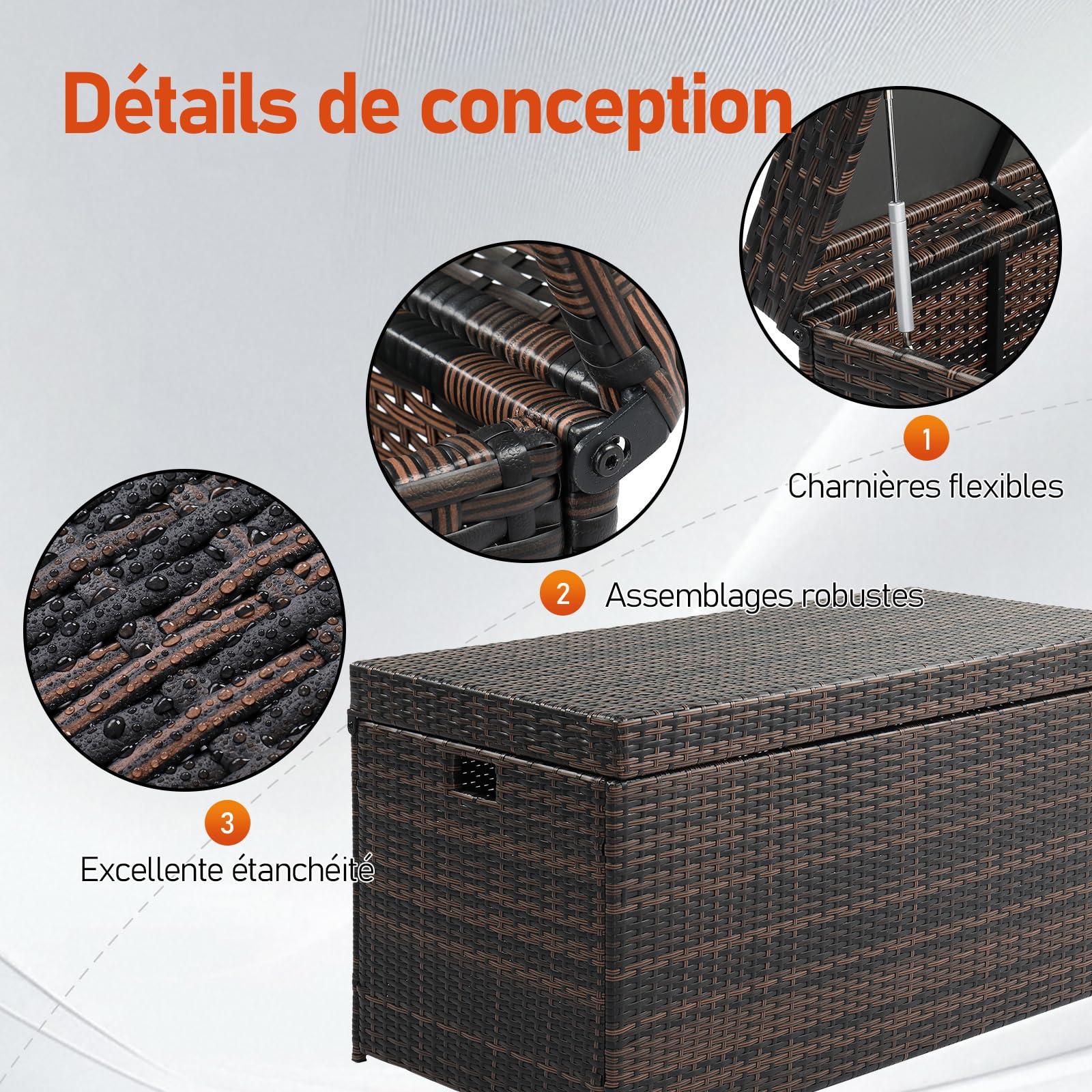 Coffre de rangement d'extérieur étanche 500 L aluminium polyrotin 130 x 60 x 65 cm résistant UV rouille marron