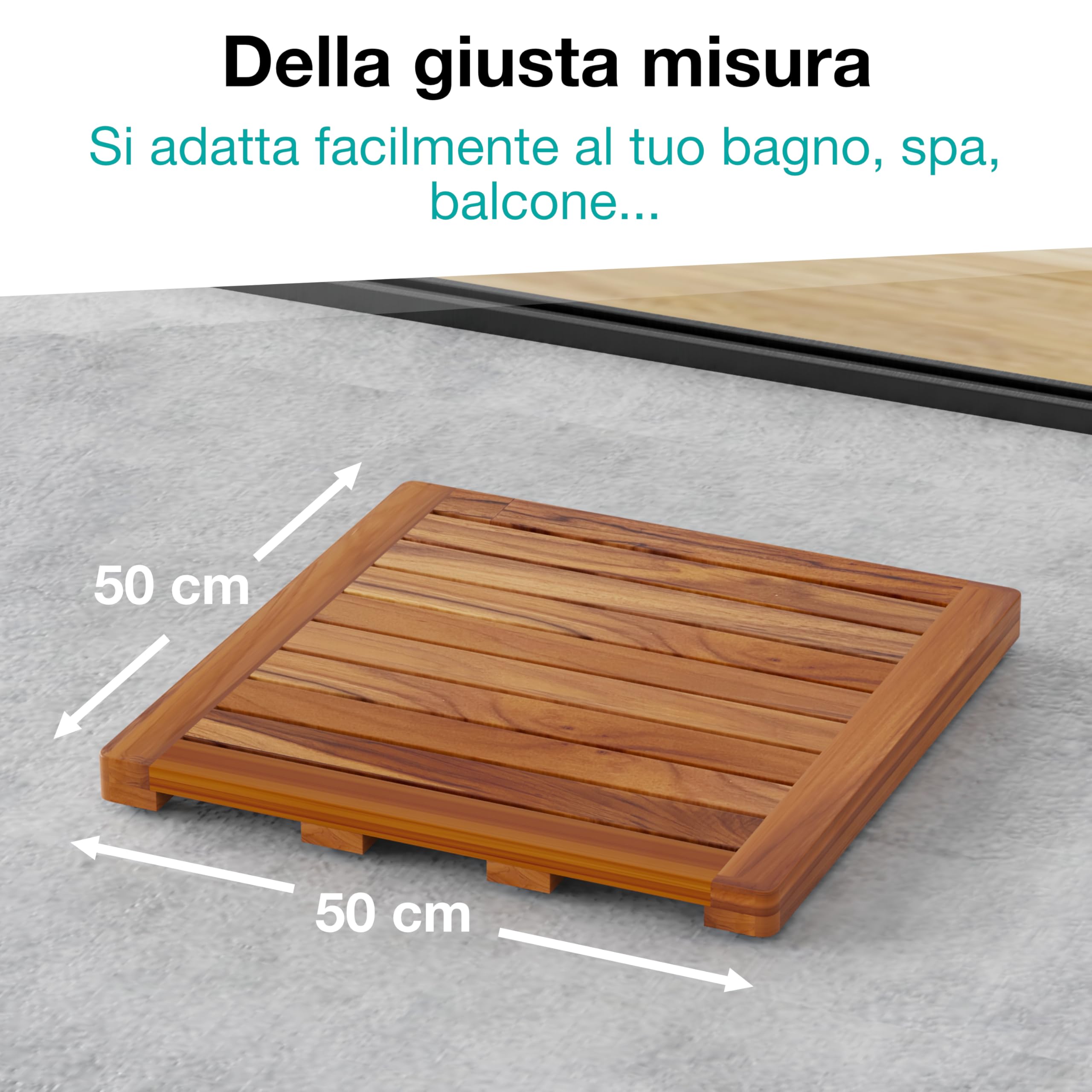 Pedana Doccia in Legno 50 x 50 cm - Legno di Teak - Resistente all'Umidità, Antimuffa e Antiscivolo - Tappeto da Bagno Quadrato - Interno & Esterno - Tappetino Doccia - CB5050