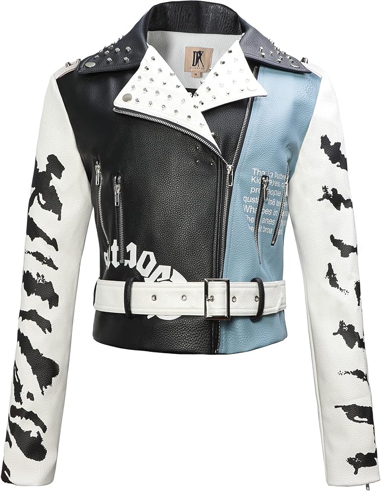 DARKSHE Women's Faux Leather PU Jacket, Graffiti Studded Rivet