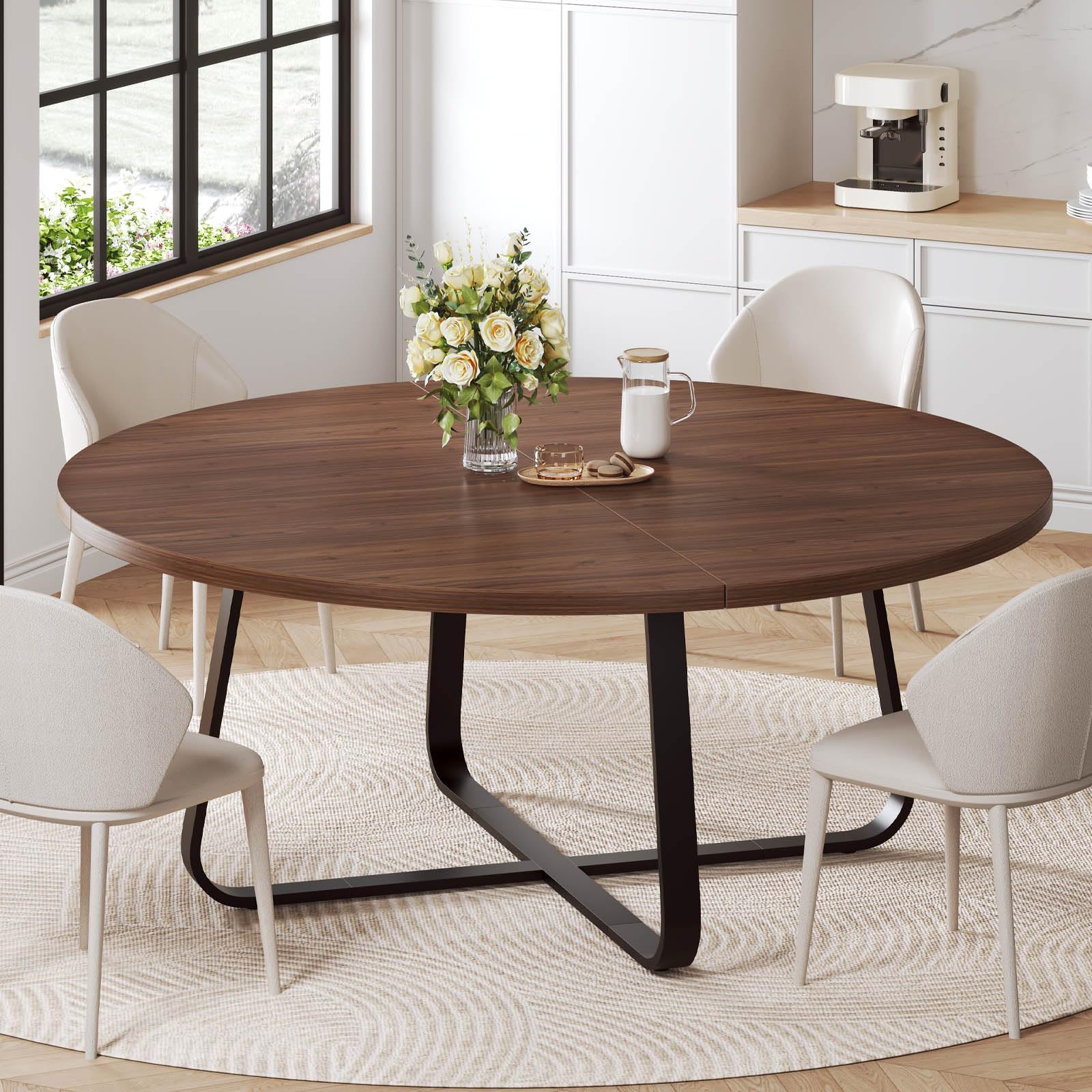 lvb 60-inch round dining table, modern wood metal kitchen tables, industrial large dinner room table for 6 to 8, circle dining room tables for home kitchen living room, walnut