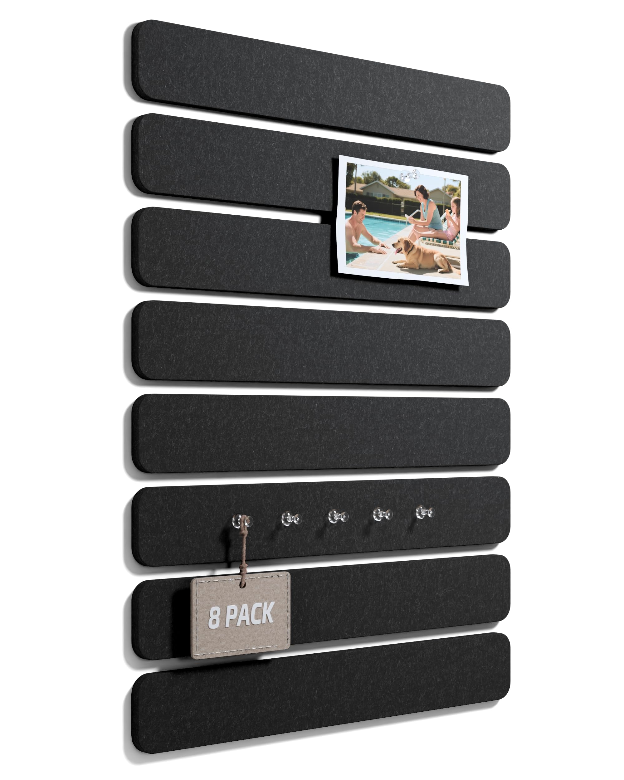 Fluxynara Cork Board Alternative Felt Strip Board 8-Pack 33x5 cm, Office Pin Board with Push Pins, Adhesive Install for Bedroom Door & Home Office (Black) — image 1