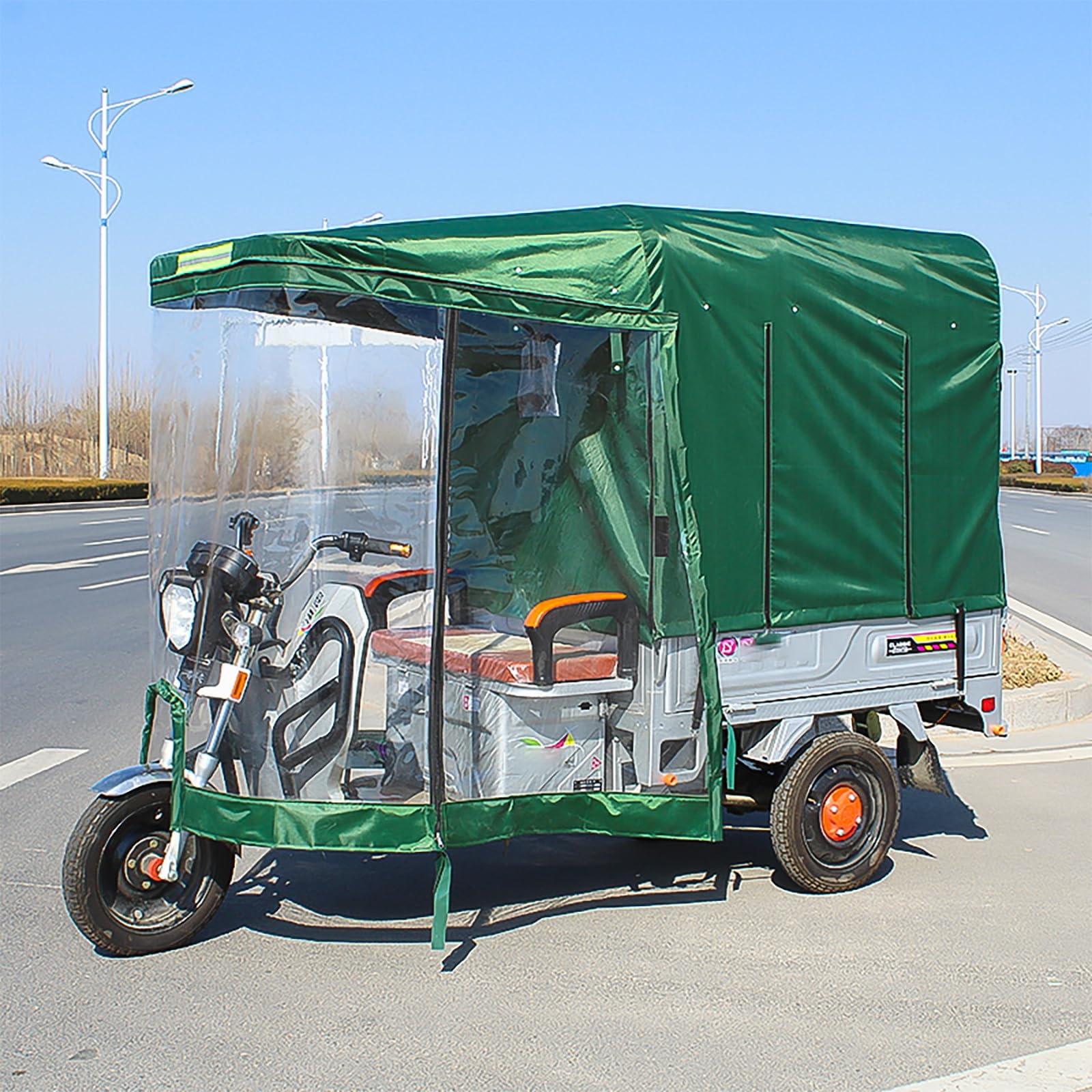Housse pour tricycle électrique bâche cargo étanche auvent réfléchissant vert