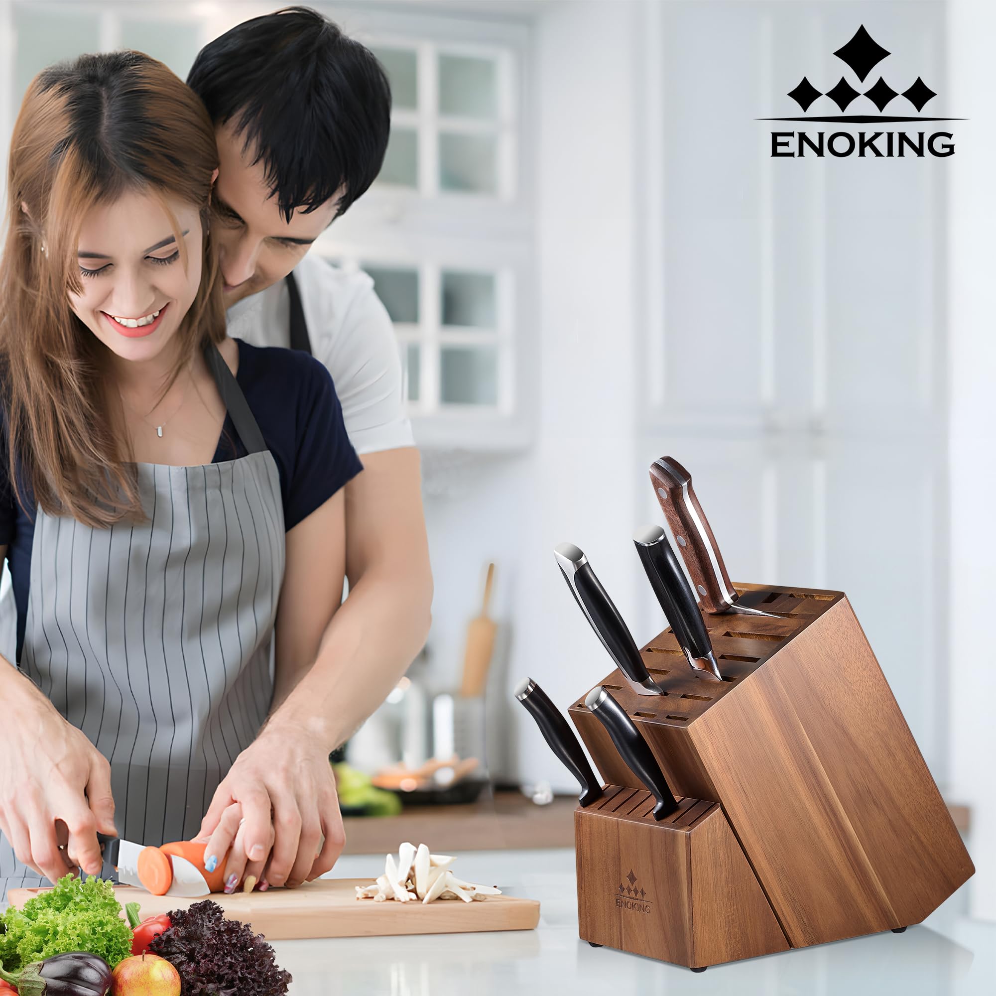 ENOKING Bloc couteaux 25 pièces Rangement pour Couteaux, Porte Couteaux de Cuisine en Bois d'acacia, Bloc Couteaux Cuisine sans couteaux, Support de couteaux Ciseaux