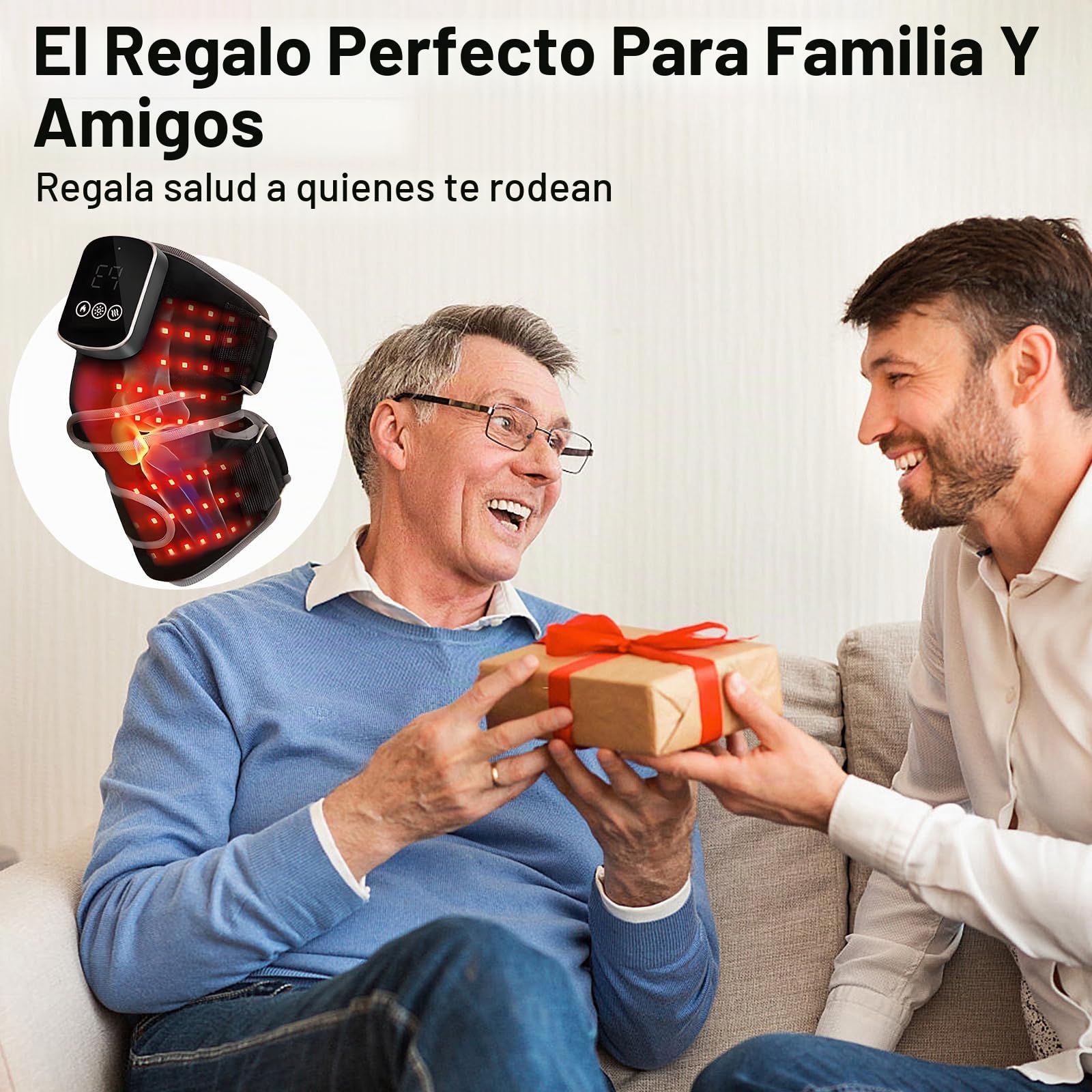 Masajeador de Rodilla Inalámbrico con Pantalla Táctil, 3 Niveles Calor, 3 Modos Masaje, Luz Roja de Doble Longitud de Onda (660 nm y 850 nm) y 5000 mAh para Artritis y Lesiones Muscular