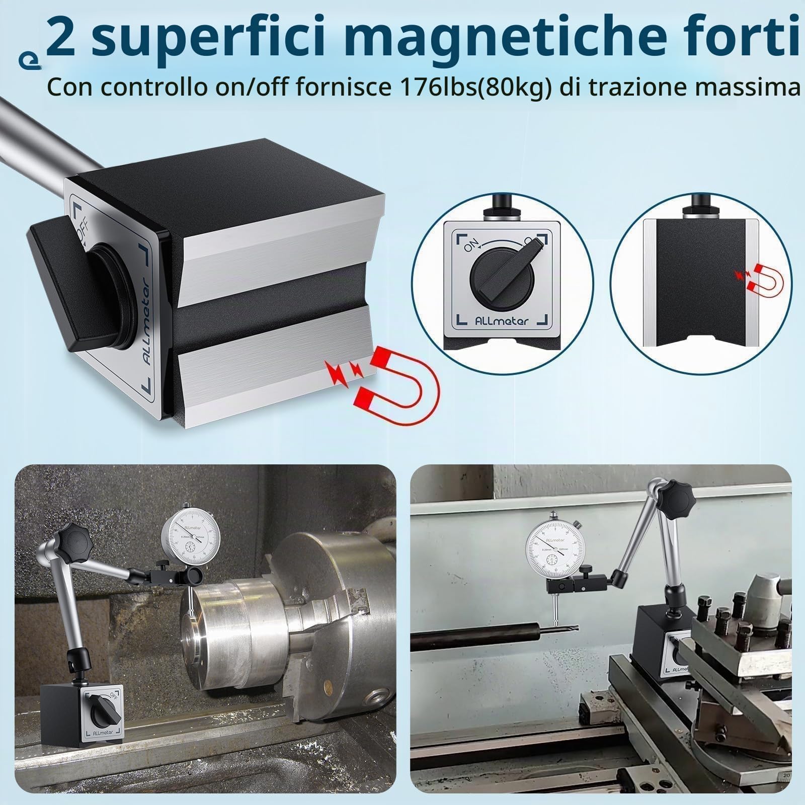 Comparatore di Precisione 0-20mm Centesimale Meccanico a Quadrante e Base Magnetica, Set Indicatore Metrico in Acciaio Inox + Staffa Braccio Regolabile Porta Quadrante Max Pull 80KG