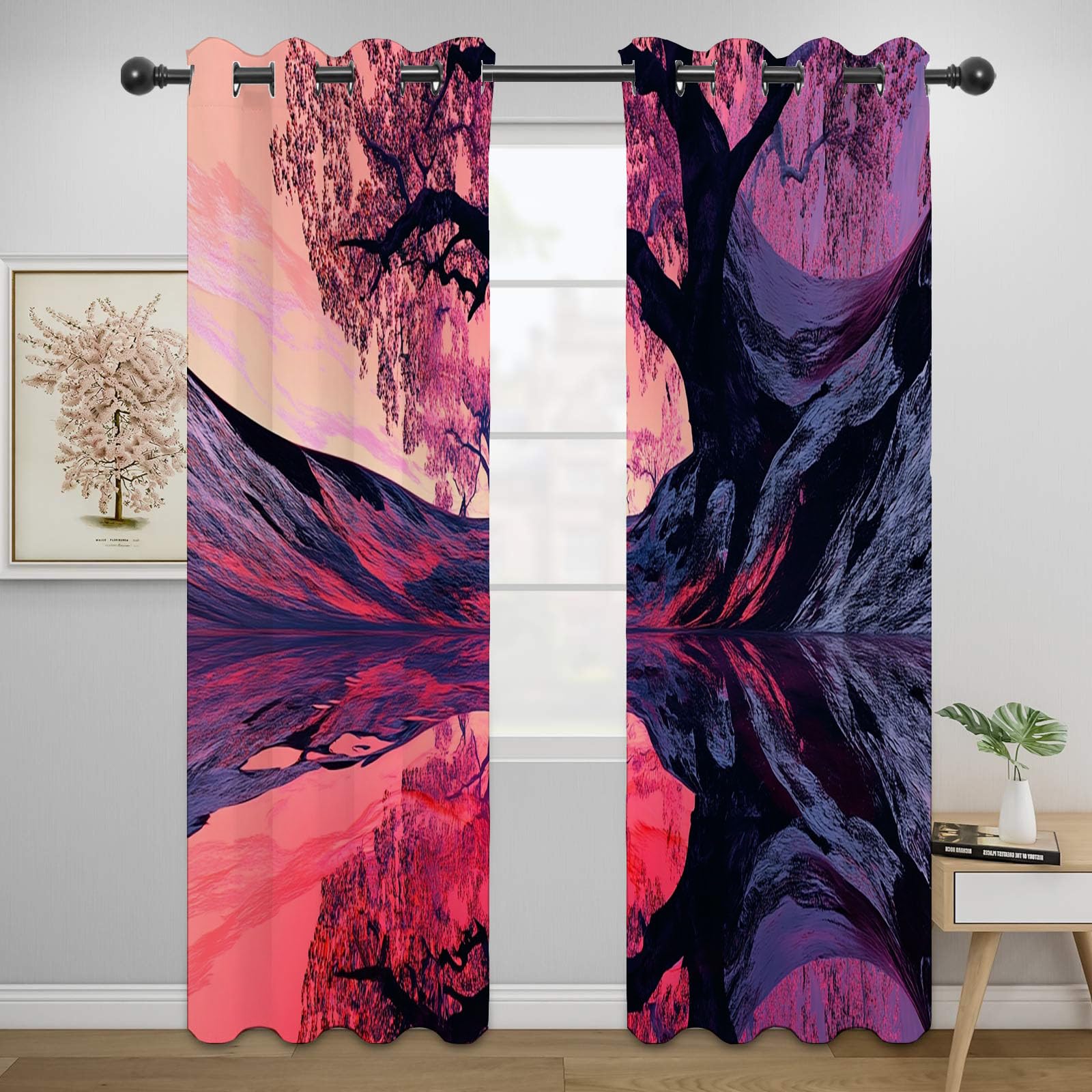 Blickdichte Gardinen - Fantastischer rosa Blütenbaum mit Wasserspiegel Szenerie Abstrakt Thermovorhang, Verdunkelungsvorhang für Wohnzimmer und Schlafzimmer-H230 x B130 cm (2er Pack)