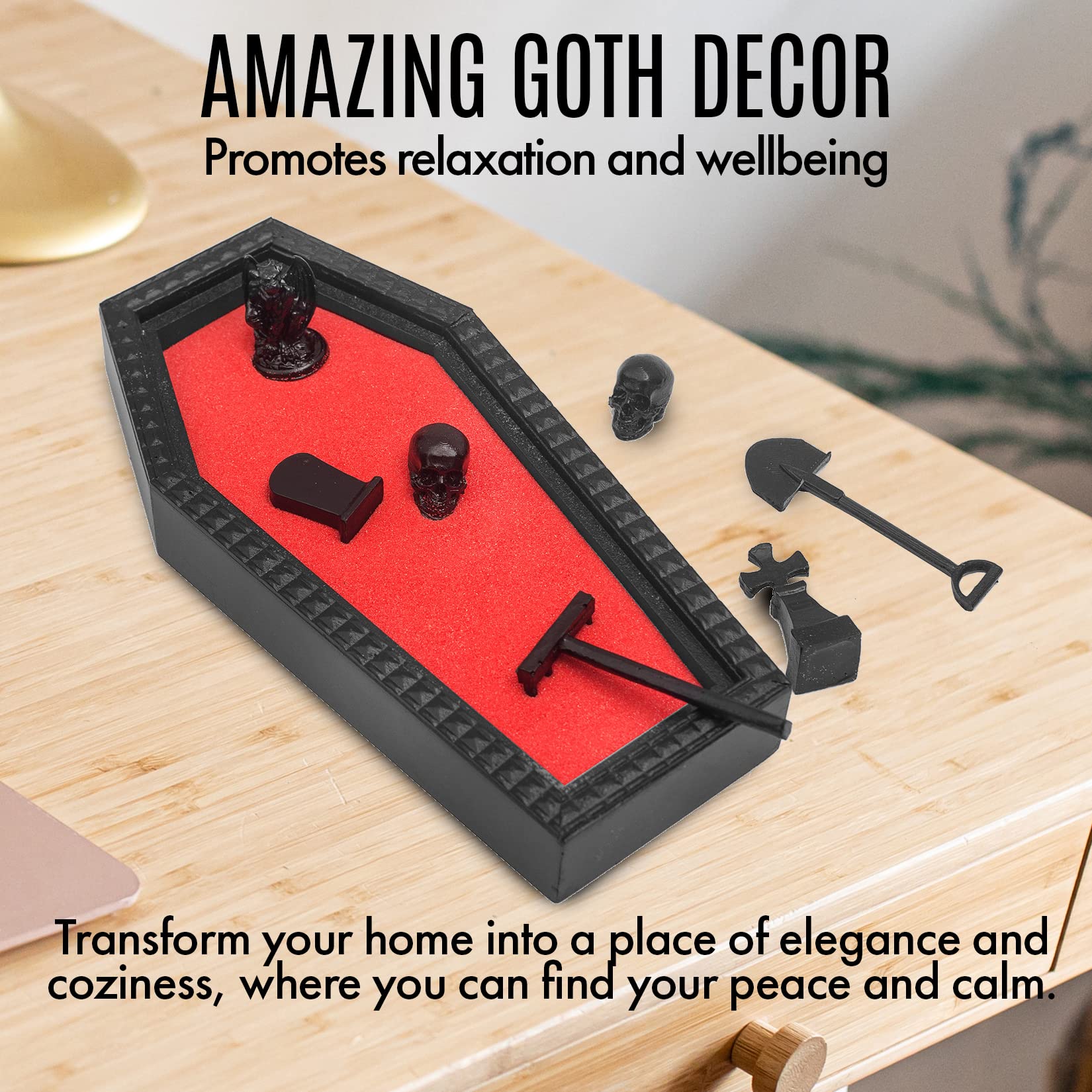 Coffin Zen Garden with Red Sand - Unique Mini Therapy Zen Garden Kit for Desk - Spooky Goth Valentines Halloween Decor Sand Garden with Skulls for Home and Office - Witchy Gifts for Women