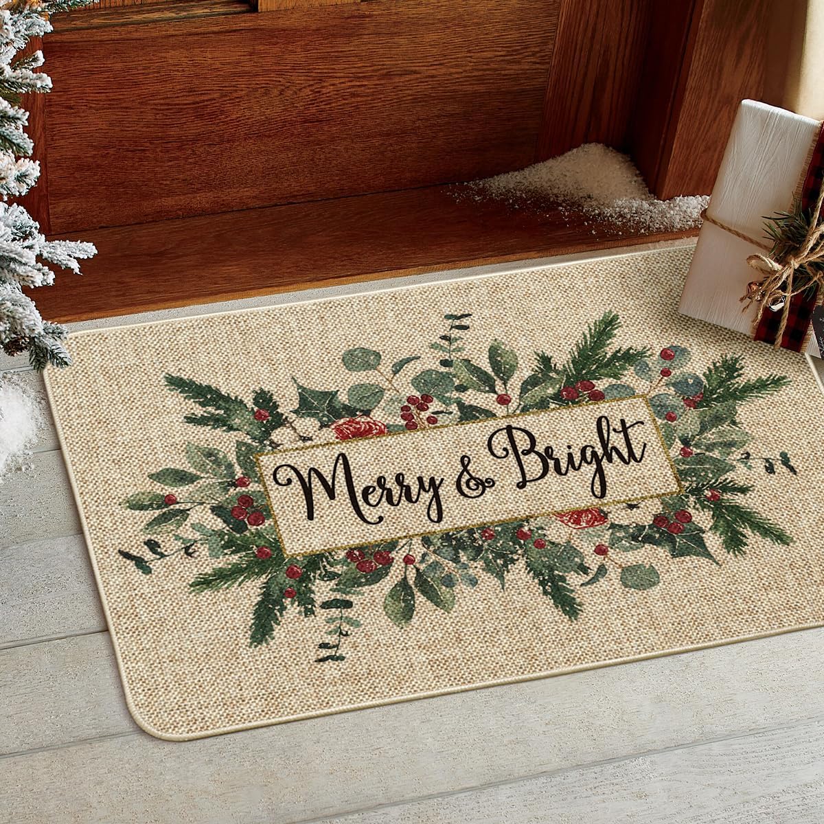 Artoid Mode Merry&Bright Eucalyptus Leaves Holly Christmas Doormat, Winter Xmas Home Decor Low-Profile Switch Rug Door Mat Floor Mat for Indoor Outdoor 24x35 Inch