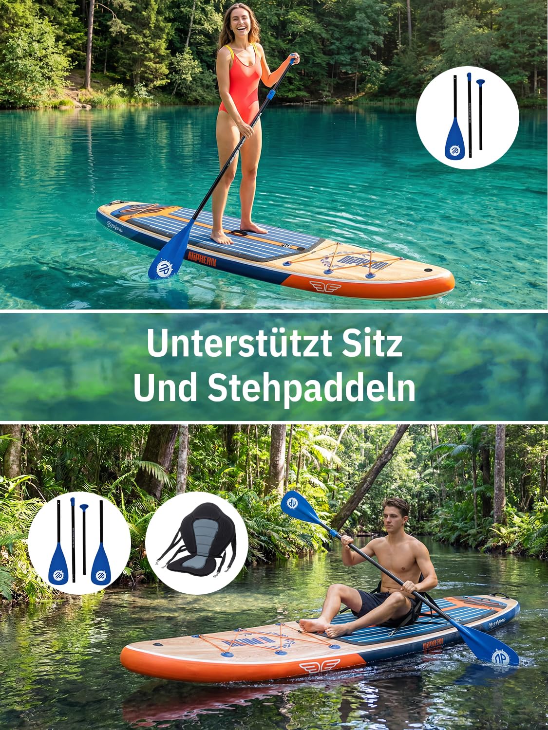 Niphean (Extra Groß) Stand Up Paddling Board, SUP für 2+1 Personen/Familien, SUP Board mit (Anfängergeeignet) Balancierflügel, wasserdichte Handyhülle, Stand Up Paddle Board for Adults, Geschenkideen