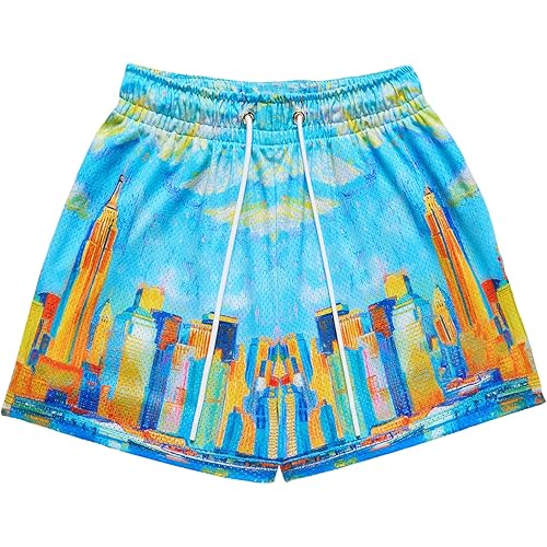 DIOTSR Mens Skyline Graphic Shorts Casual Streetwear Cool Basketball Shorts Running Workout Shorts with Pockets