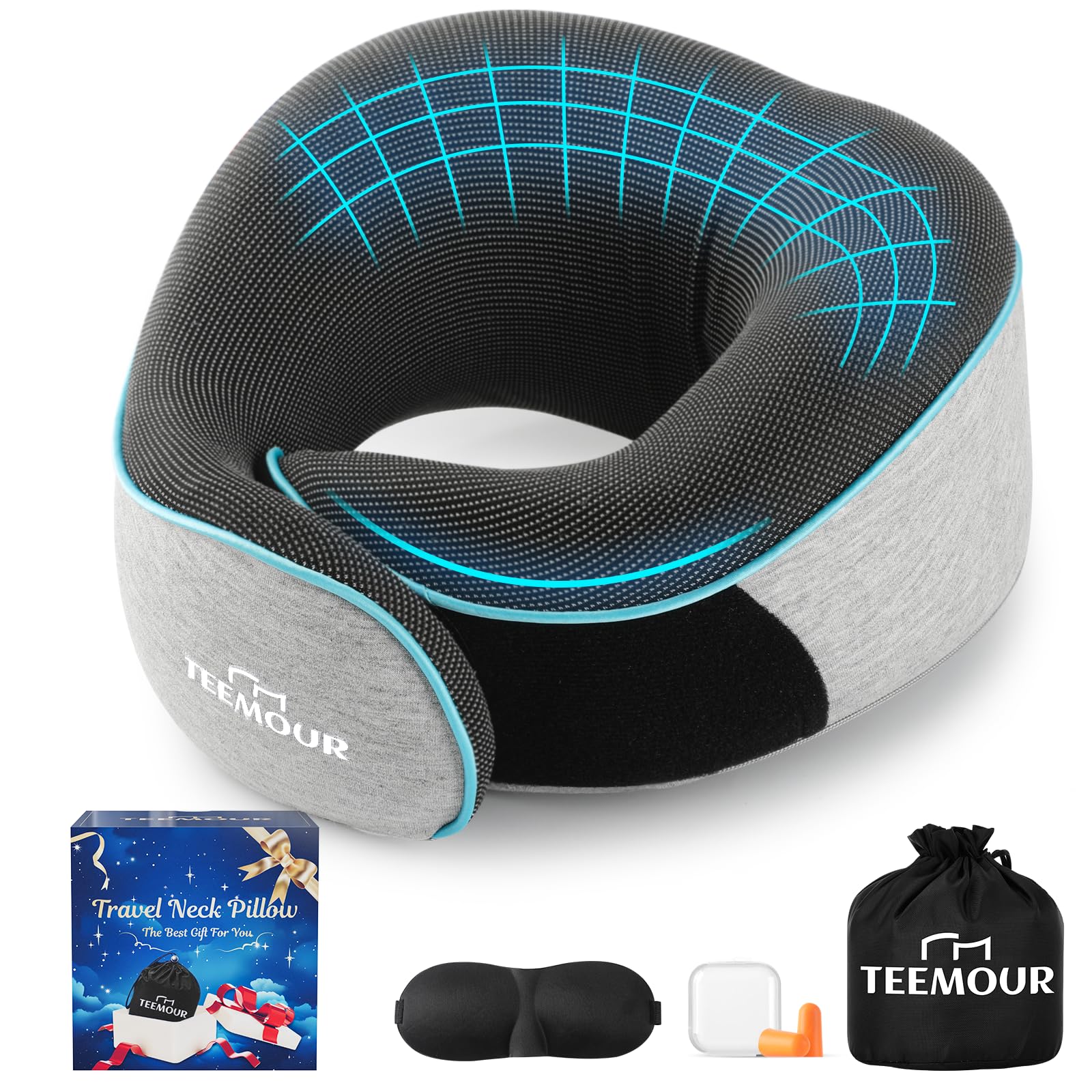 Travel Neck Pillows for Airplanes Neck Pillow, Memory Foam Updated Resting Material, Airplane Travel Set with 3D Contoured Eye Masks, Earplugs, and Luxury Mesh Bag (Grey)