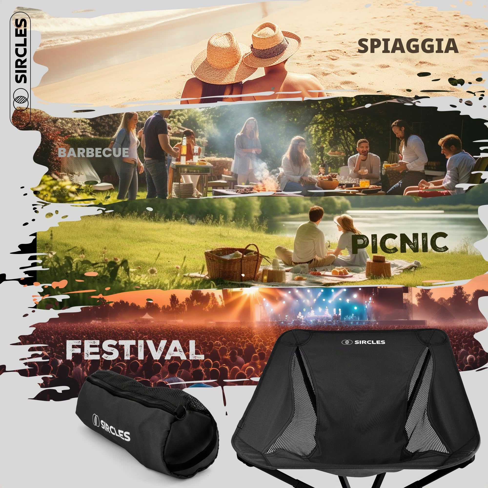 SIRCLES Sedia da campeggio portatile e girevole, installazione in 8 secondi, pieghevole in 5 secondi, ultraleggera e resistente, in lega di aeromobile, spaziosa, con 2 borse laterali, tessuto Oxford,