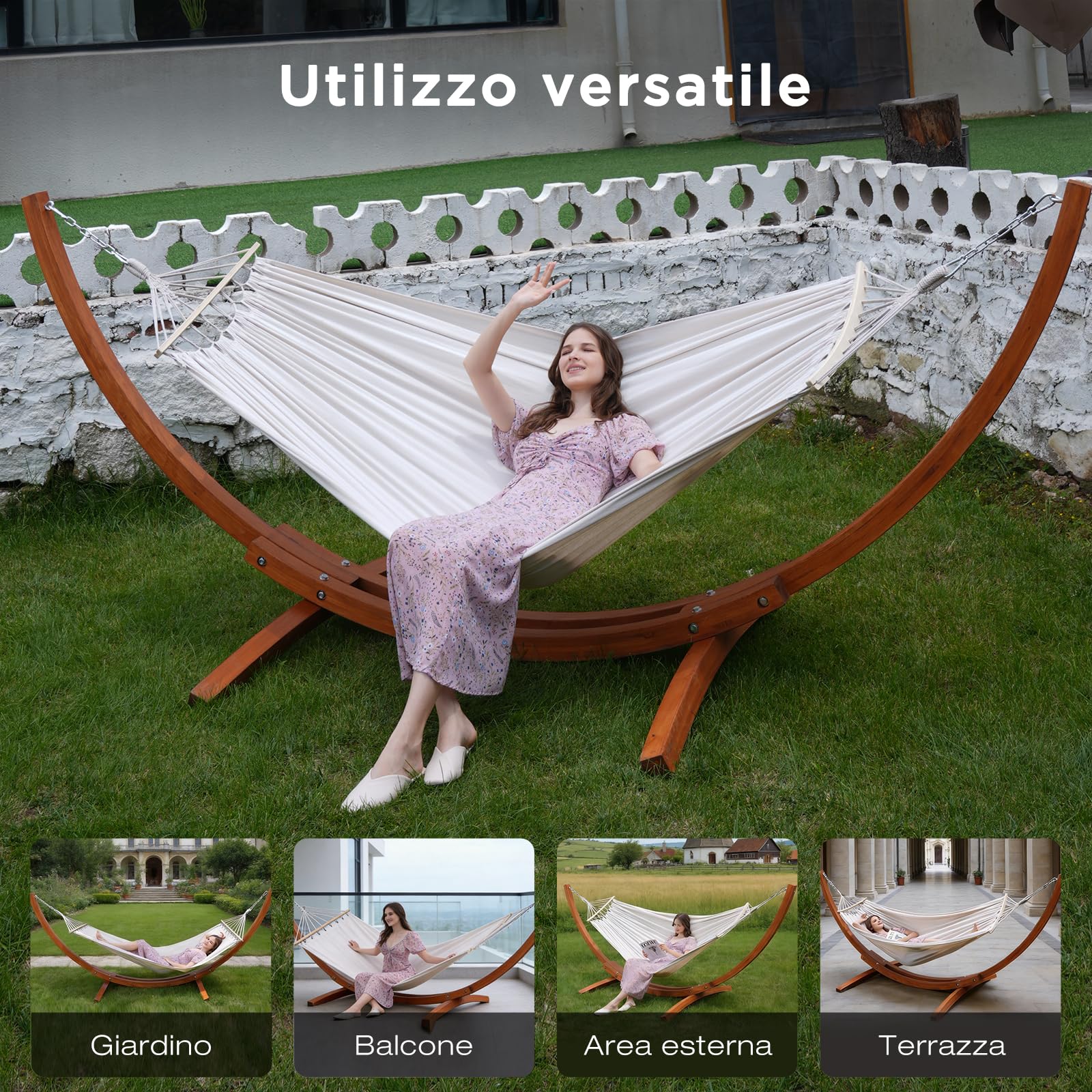 Amaca Doppia con Supporto in Legno, Portata 200 kg | 2 teli inclusi, altezza regolabile, struttura arcuata stabile, ideale per giardino e terrazzo
