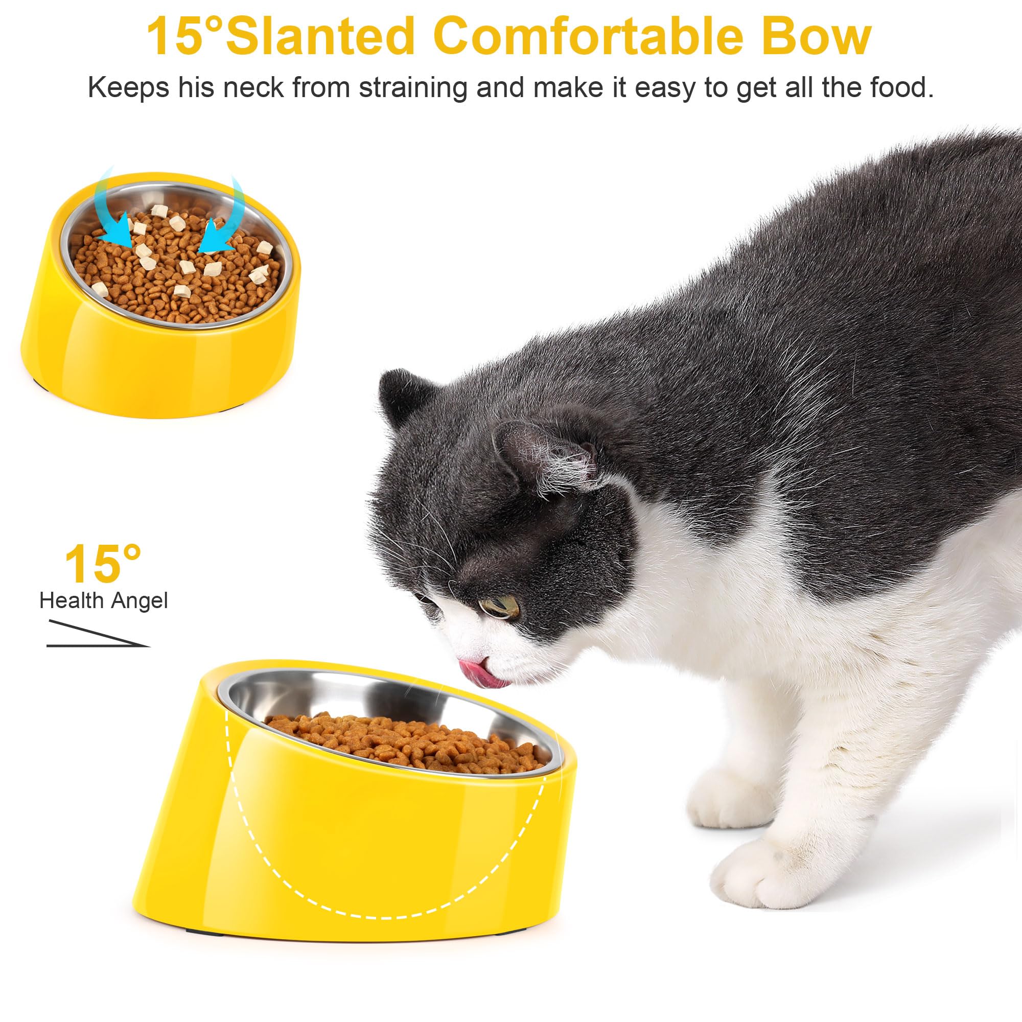 Cuenco inclinado de acero inoxidable inclinado de 15° para perros y gatos, comedero antideslizante y antiderrames, con soporte de melamina desmontable elevado, plato fácil de conseguir,