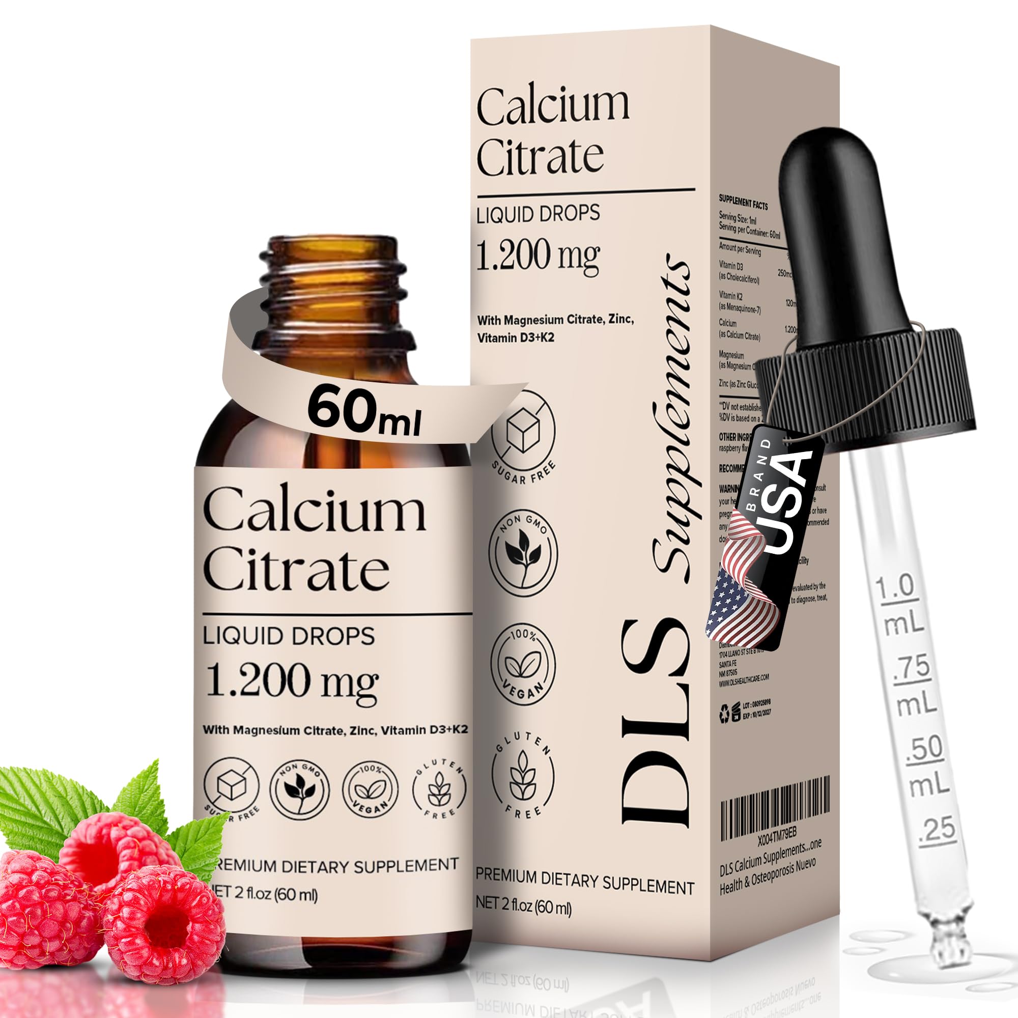 DLS Calcium Supplements for Women – Liquid Calcium Citrate 1200mg with VIT D3 K2 Zinc Magnesium Citrate – Drops for Strong Bones Osteoporosis Support – Non-GMO, Gluten-Free, Vegan 60 ml 2 fl oz