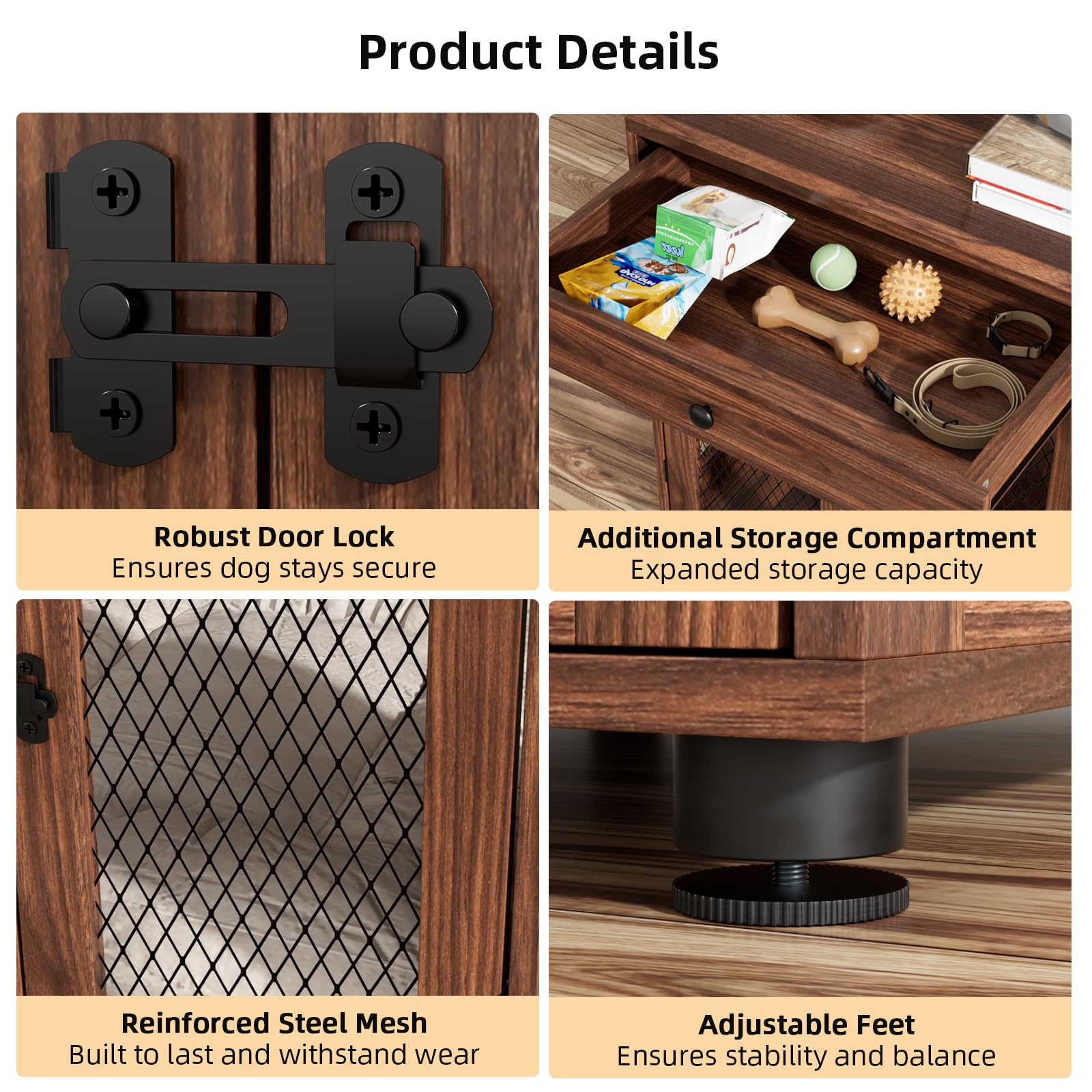 VOWNER Mobili per Cuccia per Cani, Gabbia in Legno a 3 Ante con Cassetto, Cuccia Moderna con Tavolino, 60 x 80 x 69 cm, per Cani di Piccola/Media Fno a 30 kg, Marrone Noce