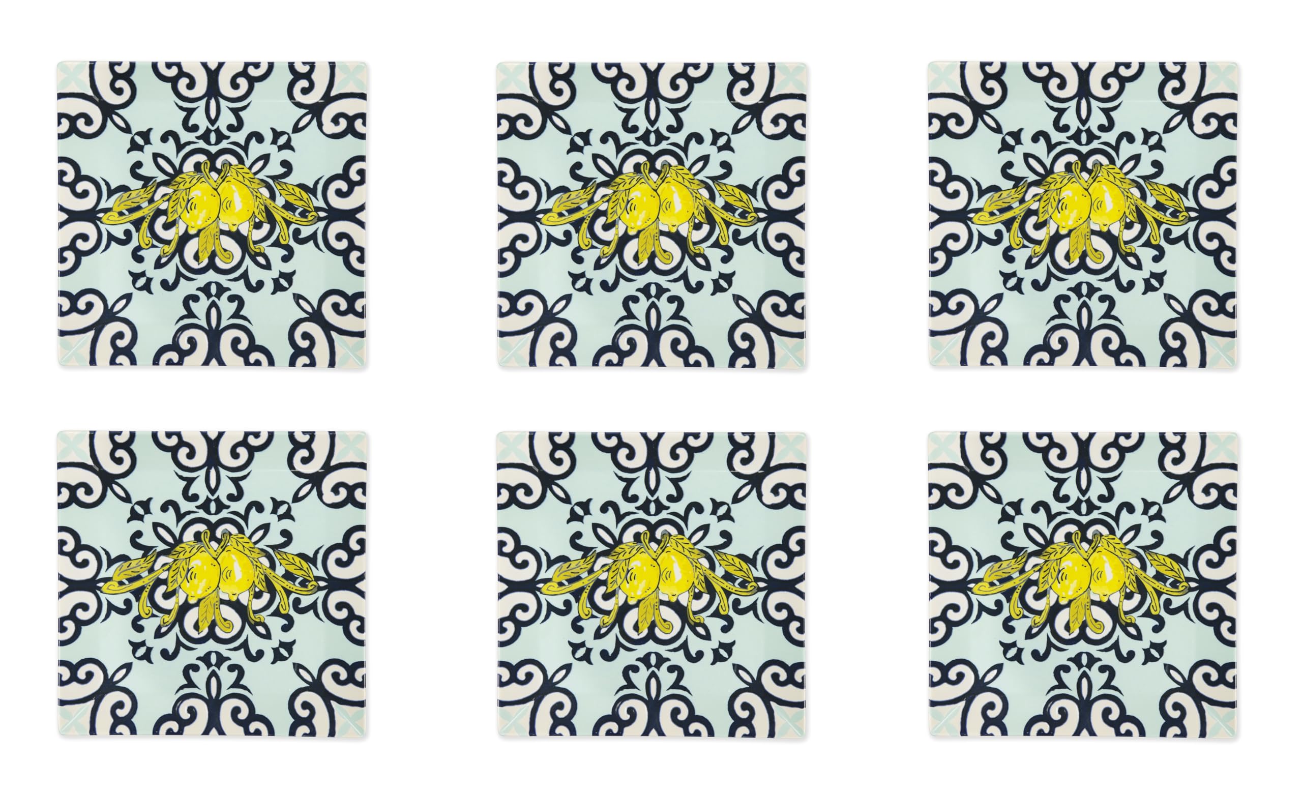 Excelsa Amalfi Set 6 Piatti in Ceramica, Motivo Mediterraneo Giallo e Blu, 24x24 cm