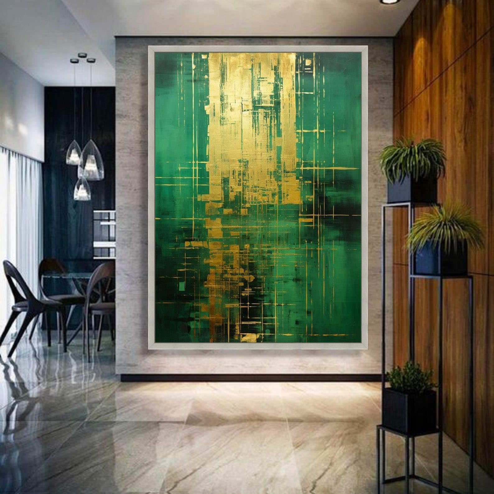 Tongyinli Internal Frame Green Gold Oil Painting Abstract Canvas Art, Modern Geometric Wall Decor Canvas Prints(70X110cm/Internal Frame)