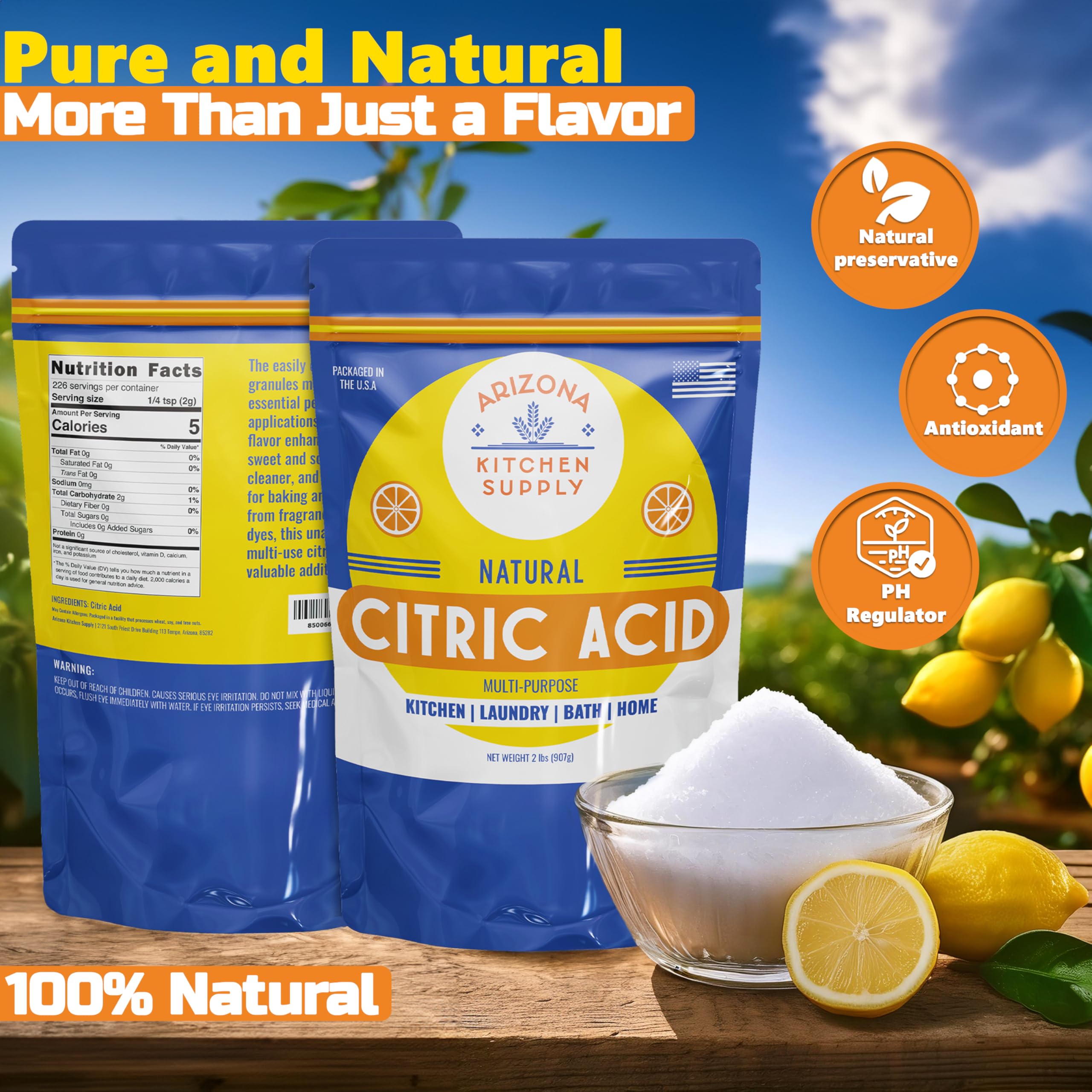 Arizona Kitchen Supply Food Grade Citric Acid – 2 lb – Premium, Versatile Ingredient for Cooking, Canning & Cleaning – Food Safe Quality for Flavor Enhancement and Household Use