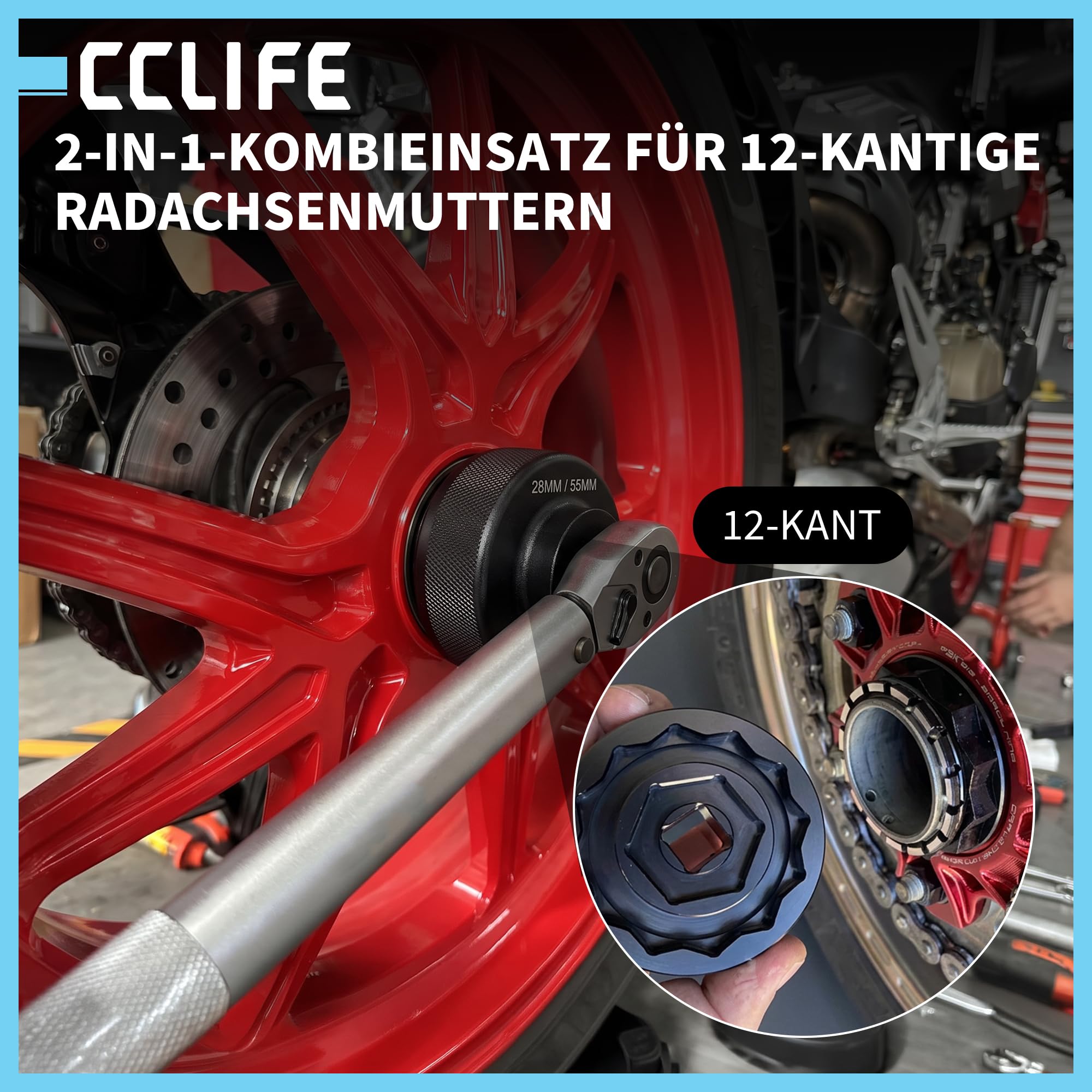 CCLIFE 8tlg Ducati Achsmutter Nuss Set, 55-28mm Radmutter Steckschlüssel | Profi 8tlg Set für Ducati Radwechsel. Inkl. 2-in-1 Kombi-Nuss & 12-/6-kant (55-28mm). Sicherer Ausbau für Vorder- & Hinterrad