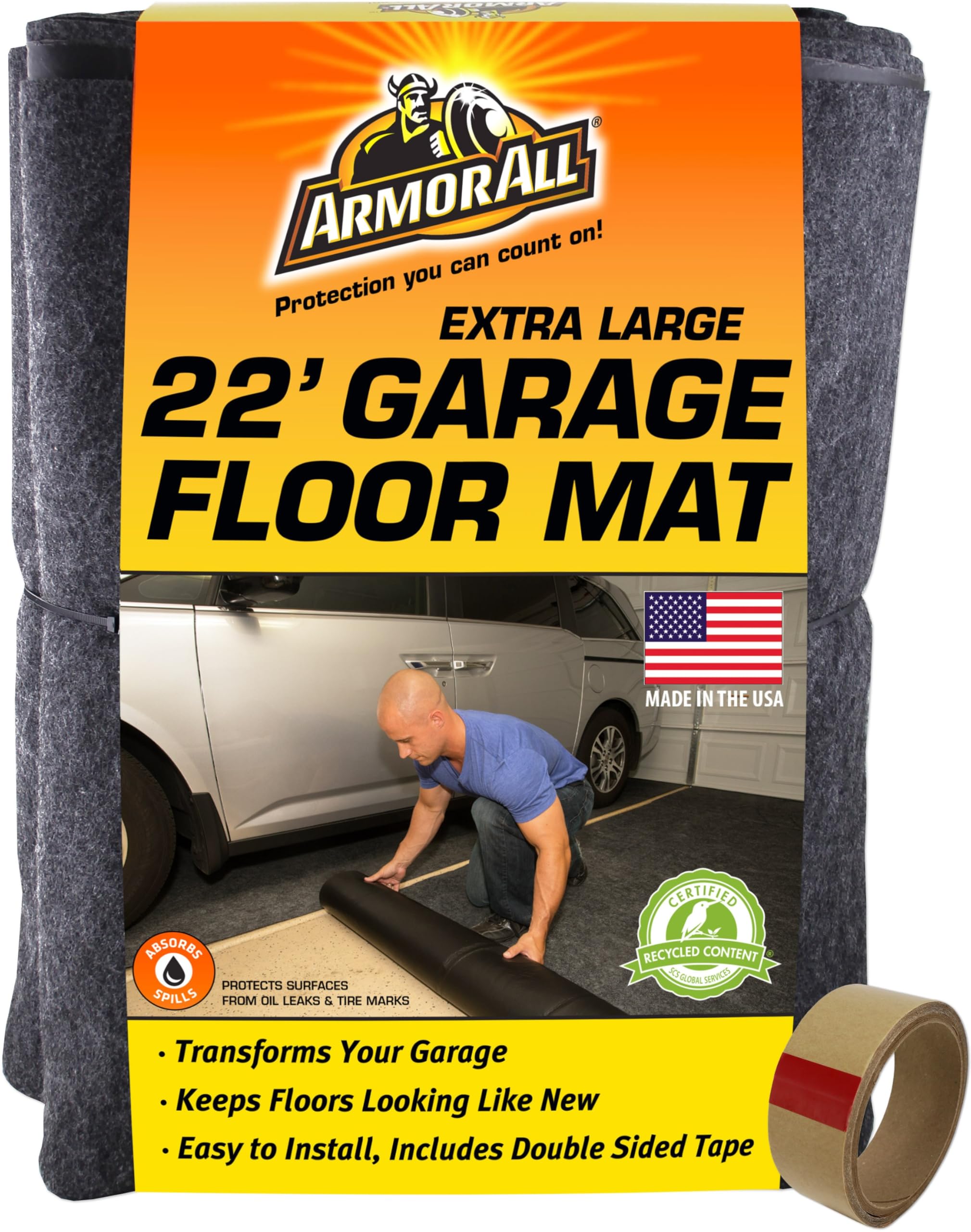Armor All Jumbo XXL Garage Floor Mat (22' x 8'10"), Waterproof Garage Flooring, Absorbent, Premium Oil Spill Resistant Garage Pad, Durable, Protects Surfaces (Includes Double Sided Tape) (USA Made)