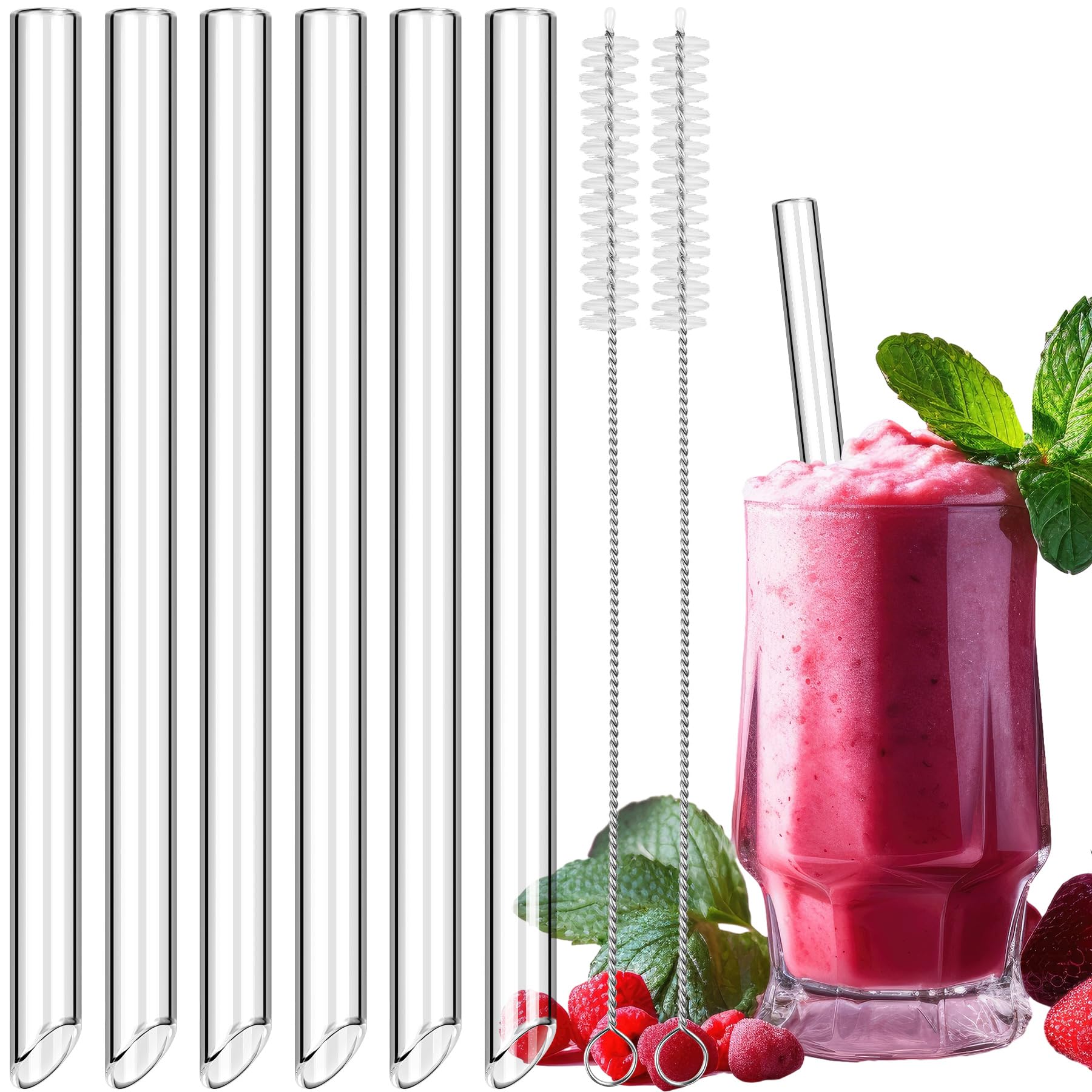 NiHome 6-Pack 9" Length Clear Glass Reusable Straws for Boba, Smoothies, 14mm (0.55’’) Extra-Wide Transparent Drinking Straws for Bubble Tea, Juices,