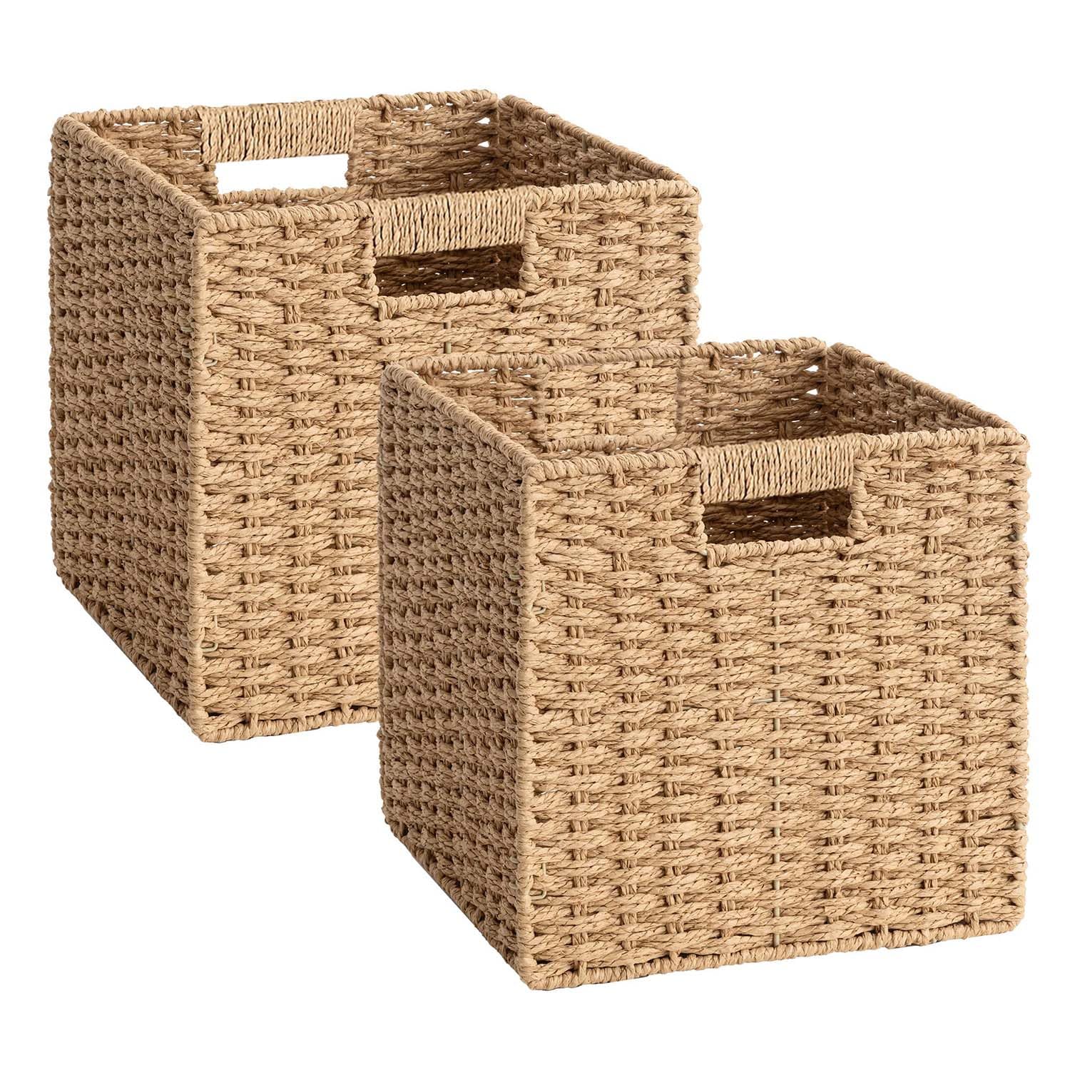 Wicker Storage Basket Set of 2, Cube Storage Boxes Handwoven Paper Rope Woven Basket, Foldable Wicker Basket with Handle, Rattan Storage Box Organizer Bins for Toys Laundry Closet, Natural, 22x22x22cm