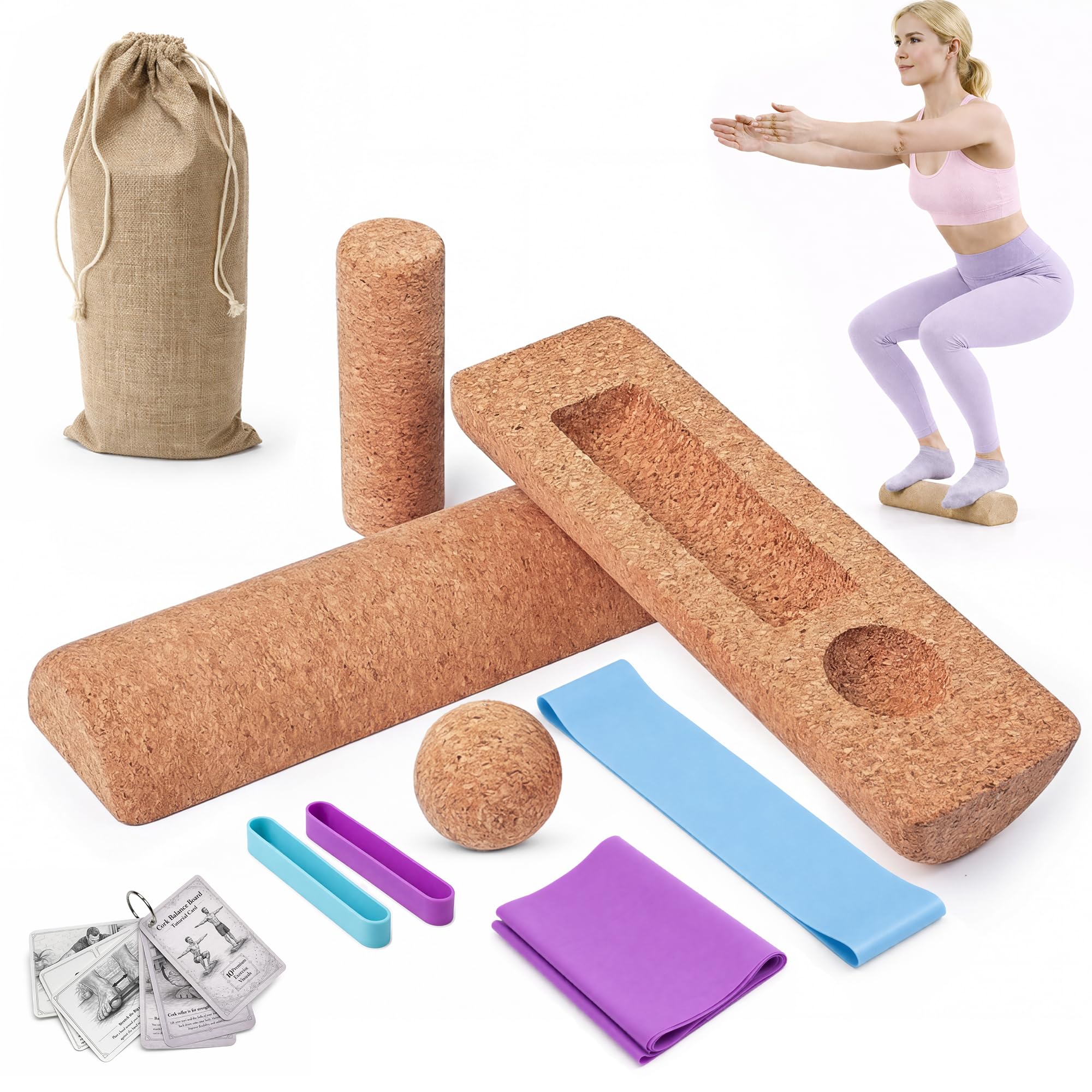 Magalionis Cork Balance Board 5 in 1 Set - Cork Wobble Axis Board with Massage Roller & Balance Ball & Physio Bands - Foot & Ankle Strengthener - Pilates Equipment with Yoga Blocks for Home Exercise