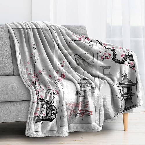 Miniatura 9 de zcwl Manta japonesa de forro polar para sofá, cama, sofá, manta con estampado de Torii japonés, manta de franela de felpa súper suave y acogedora,