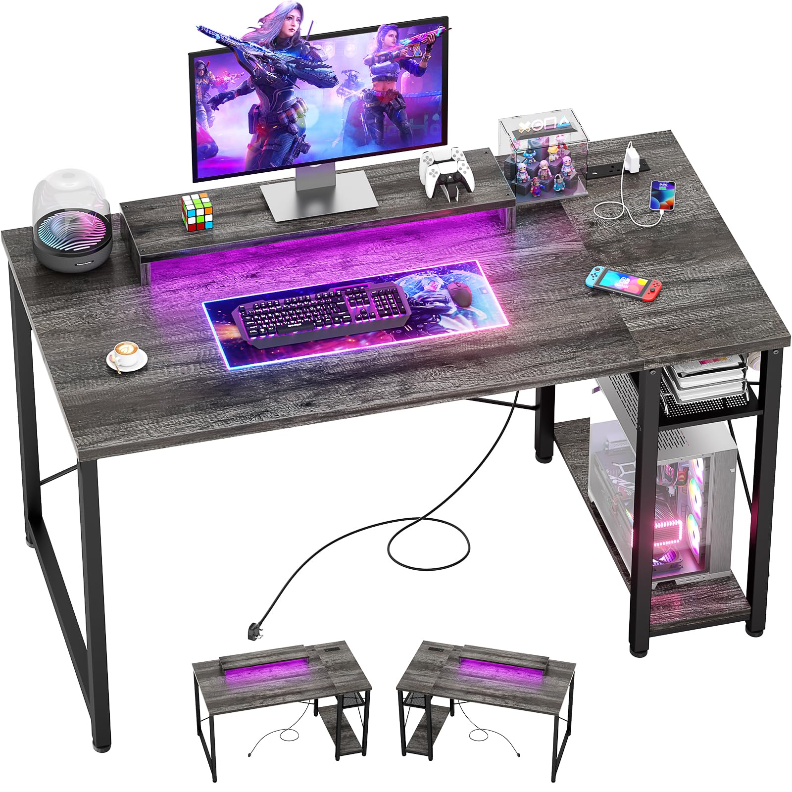 iSunirm Gaming Desk with LED Lights & Power Outlet, Reversible Computer Desk with Moveable Monitor Stand, 100x75x50CM Office Desk with USB Charging Station for Home, Bedroom, Study,Gray Oak
