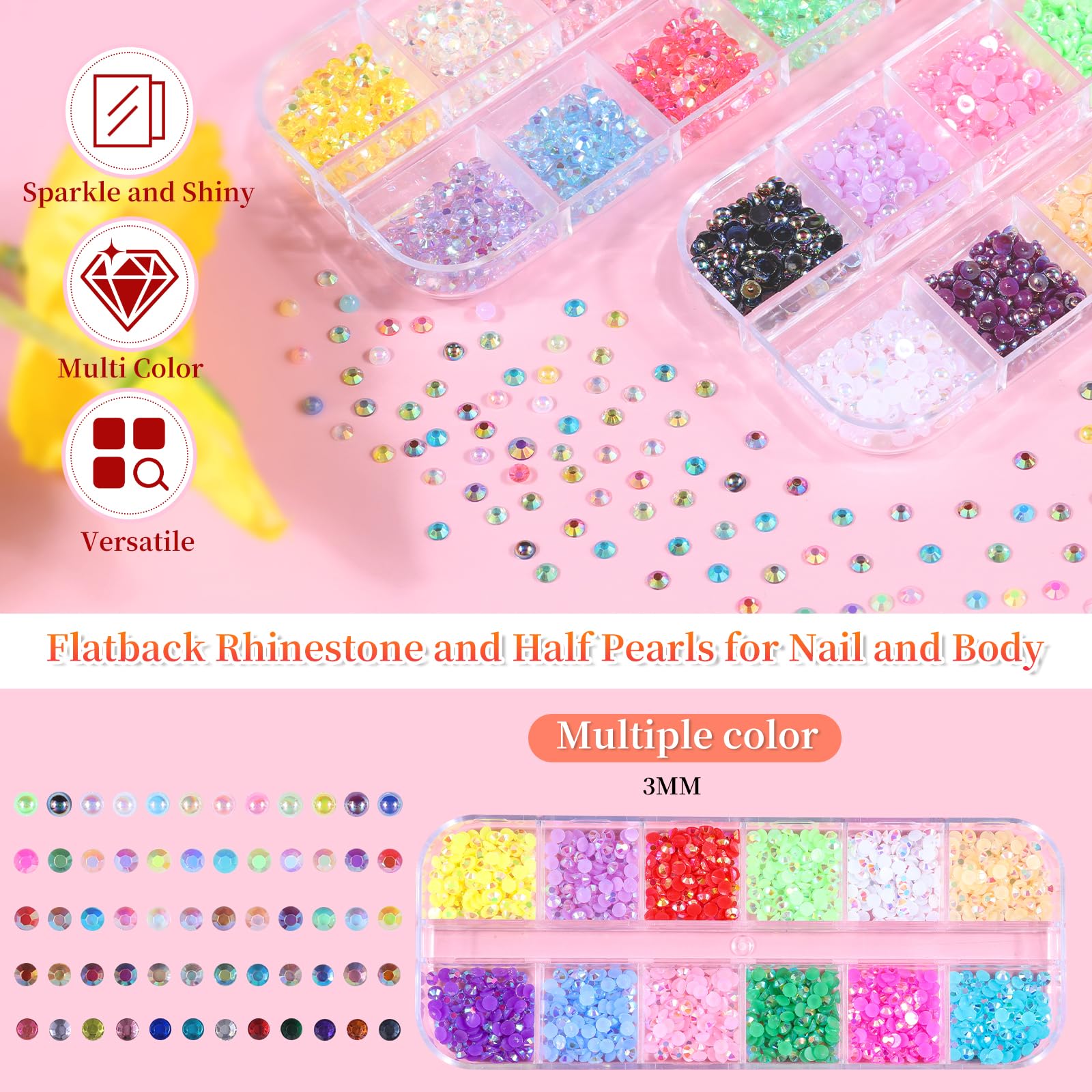 5 cajas de 7200 piezas de diamantes de imitación de cristal brillante, con parte trasera plana, gemas de sirena AB multicolor transparentes con bolígrafo recogedor y pinzas curvadas para salón de 2