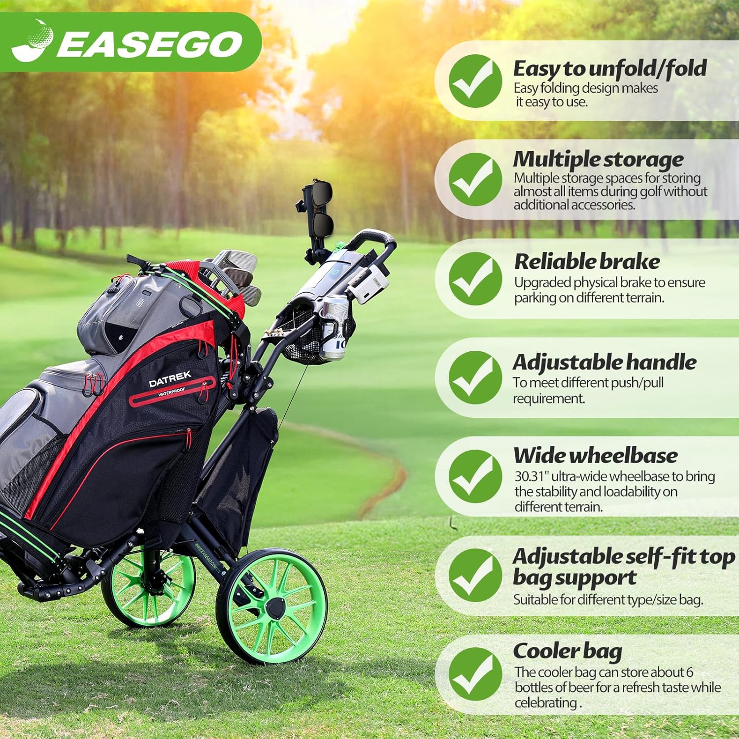 Golf Push Cart 3 Wheel : 360° Swivel Front Wheels with Phone Holder/Cup Holder/Umbrella Holder/Foot Brake Quick Fold Golf Walking Push Pull Carts All-Terrain Golf Caddy Carts - Image 4