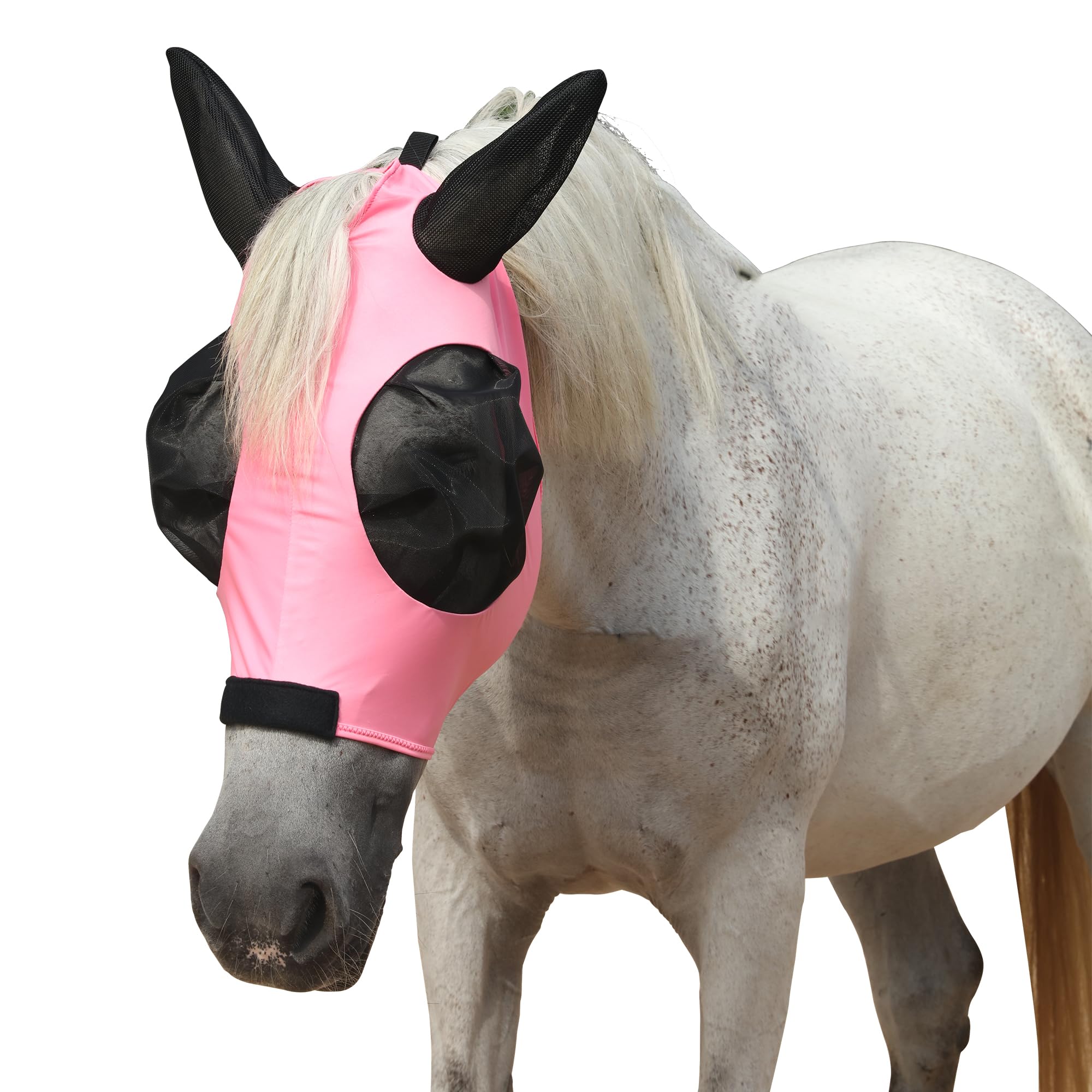 Leberna Stretchy Horse Fly Mask with Ears, Extra-Large Eyes & UV Protection–Soft, Breathable Fly Mask for Horses, Tangle-Free Design, Enhanced Visibility (Pink, Pony)