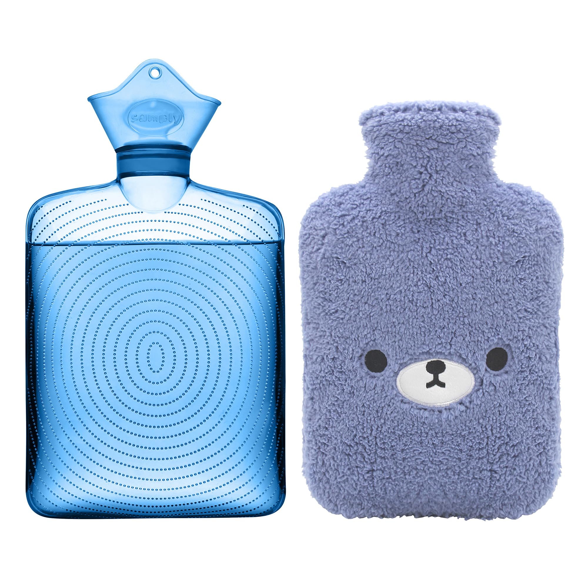 samply Hot Water Bottle with Cute Fleece Cover, Hot Water Bag for Hot and Cold Compress, Hand Feet Warmer, Neck and Shoulder Pain Relief, Navy Blue Bear