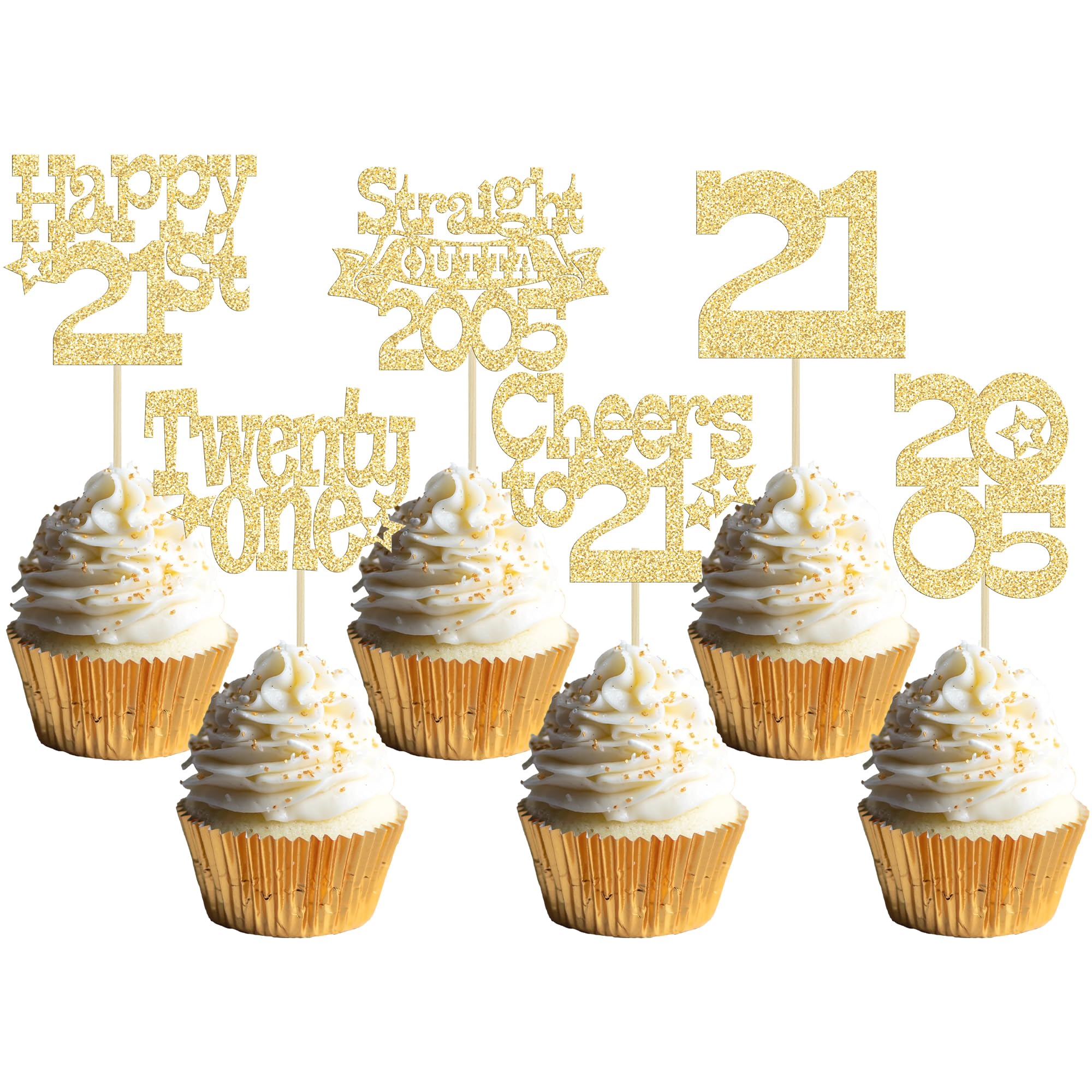 Ephlyn 30Pcs Happy 21st Birthday Cupcake Toppers Glitter Twenty-One Straight Outta 2005 Cupcake Picks Cheers to 21 Years Cake Decorations for 21st Birthday Anniversary Party Supplies Gold