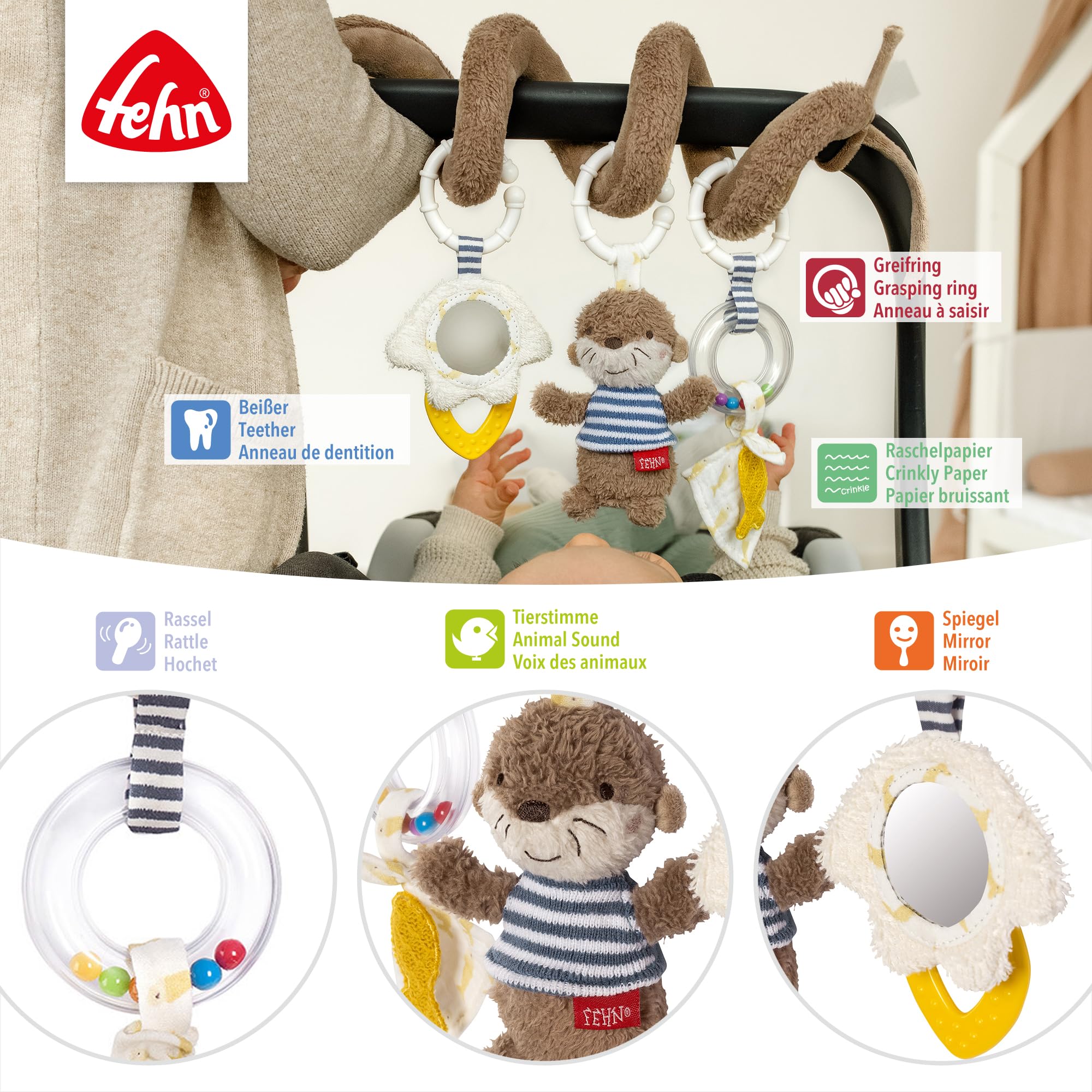 Fehn Spirala Activity Otter – spirala z materiału z funkcjami uczenia się do chwytania, odczuwania, zabawy – wspomaga chwytanie, zmysł dotyku i motorykę – do domu i w podróży, dla niemowląt od, Wydra