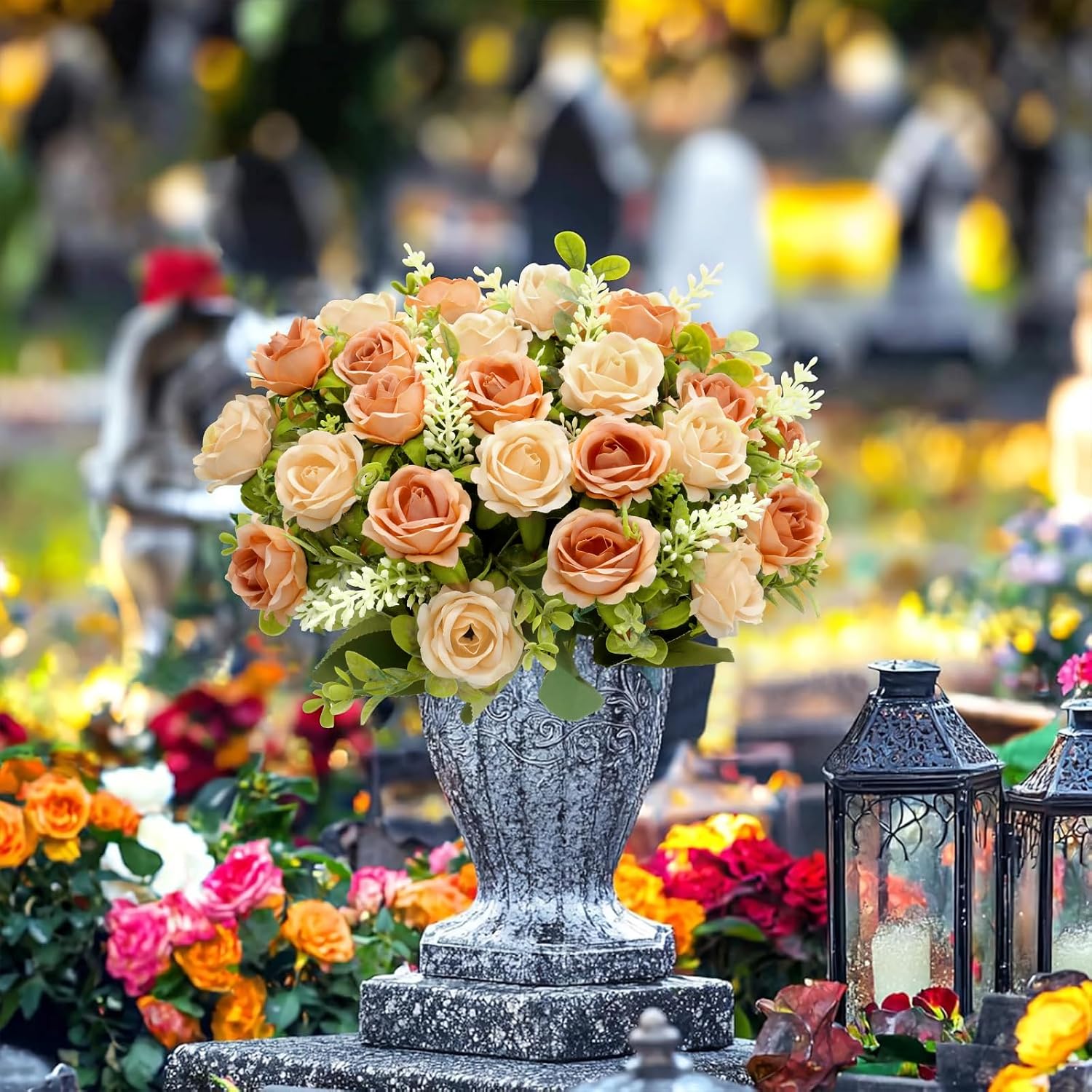 TURNMEON 40 Heads Fake Roses Artificial Flowers for Outdoors Summer Decor, 4 Bouquets UV Resistant Fake Cemetery Flower Bouquet Faux Silk Roses for Wedding Birthday Home Cemetery Decor(Champagne)