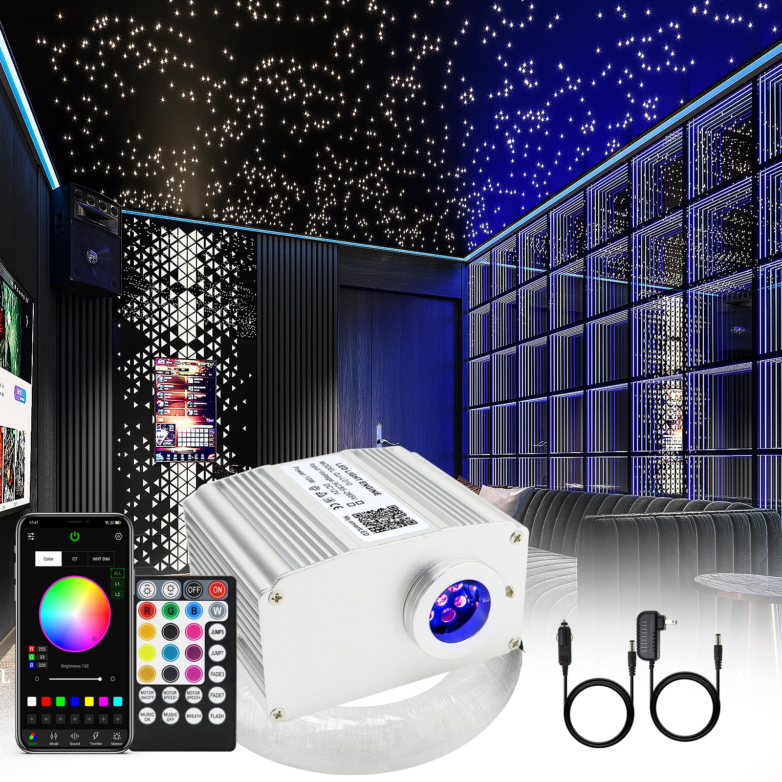 Fiber Optic Lights Kit, 10W Star Ceiling Sky Lights RGBW Twinkle & Music Effect for Home & Car Star Headliner Light with Bluetooth APP + RF Remote Control - Optical Fiber Cable 300pcs*0.03in*9.8ft