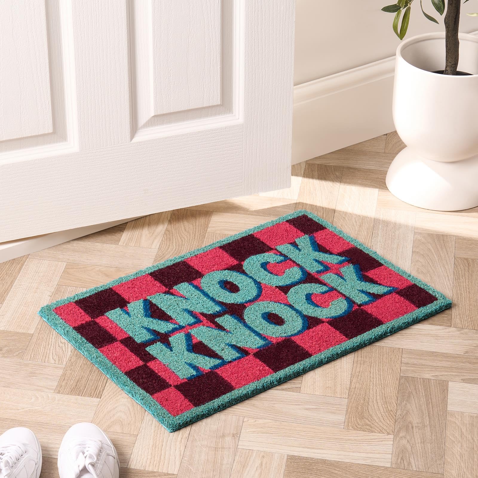 OHS Washable Door Mat Knock Knock Print, Outdoor Indoor Door Mat Non-Slippery Stylish Dirt Trapper Doormats Inside Heavy Duty Welcome Mat Front Doors Entrance Rug Coir Doormat, Pink/Blue - 40 x 60cm