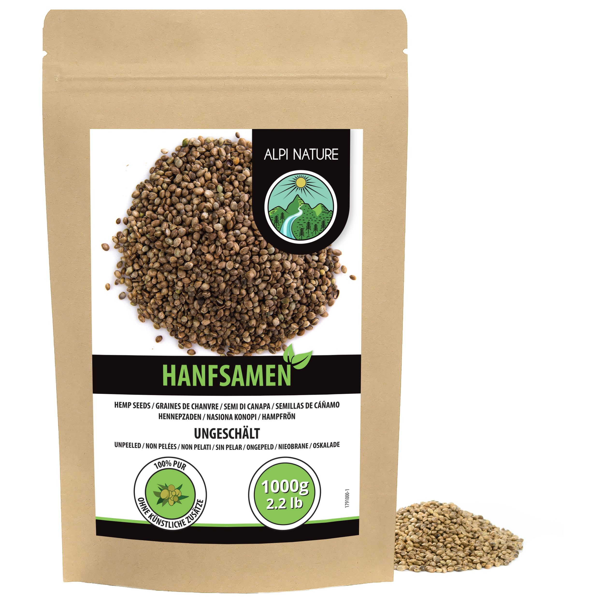 Alpi Nature Hanfsamen ungeschält 1kg, ungeschälte Hanfsamen, Hanf Samen ganz ungeschält