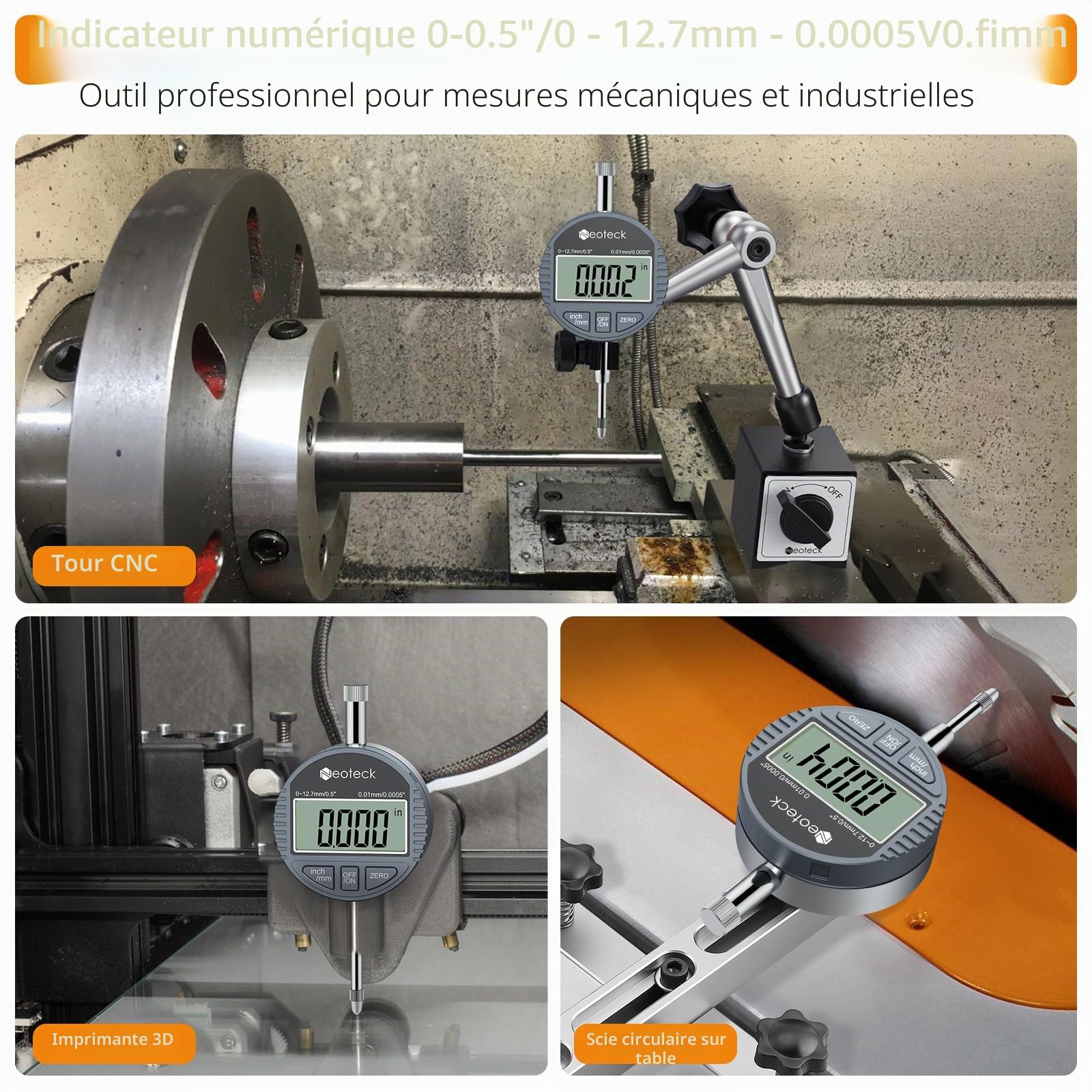 Neoteck DTI Indicateur numérique à cadran 0,01 mm/0,0005" Indicateur de sonde numérique Plage de test à cadran 0-12,7 mm Indicateurs de test électronique