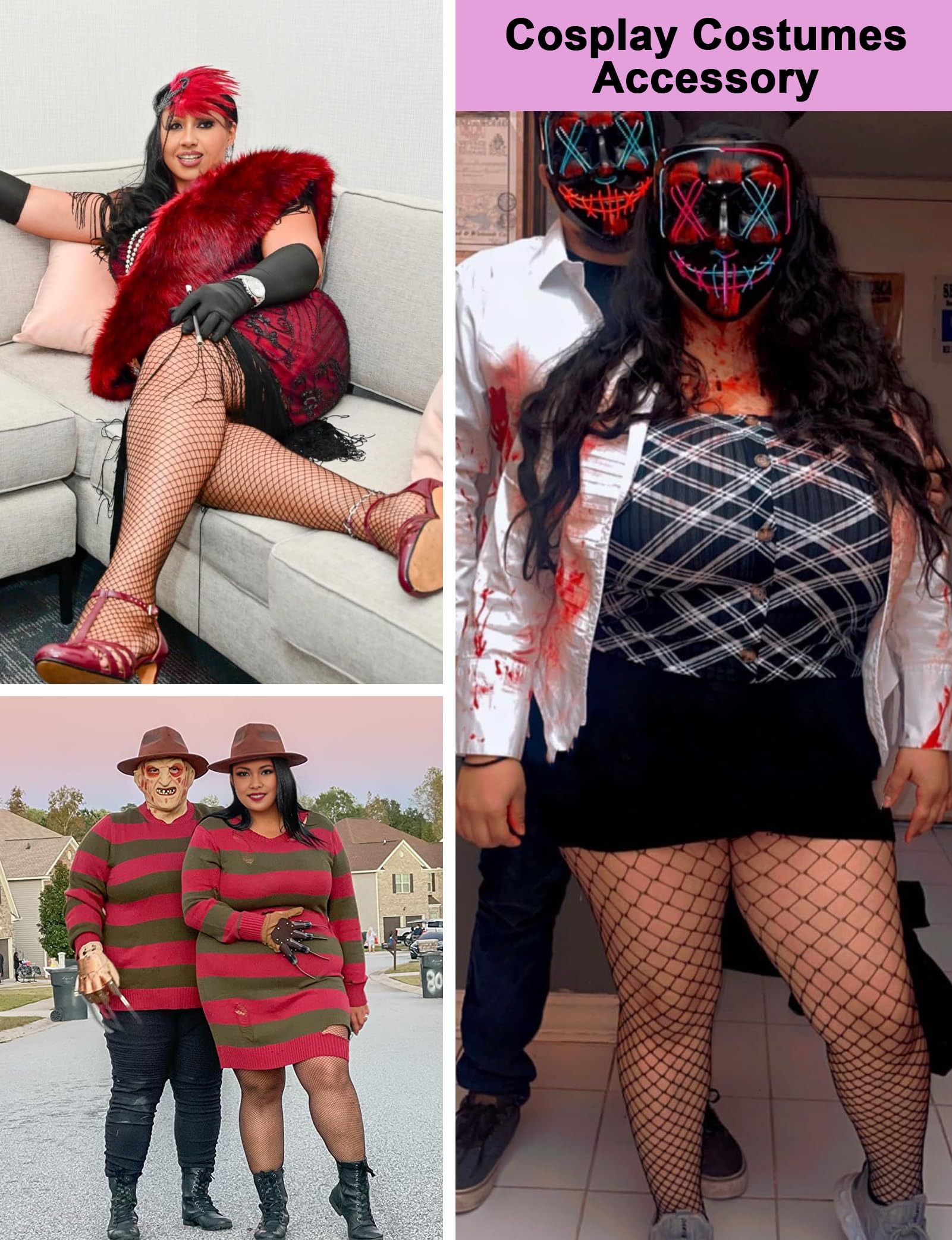 Buauty Plus Size Fishnet Stockings for Women - 3 Pairs Sexy Fishnets Tights, Halloween Fish Net Stockings,Gothic Clothes: Queen Black Large Mesh