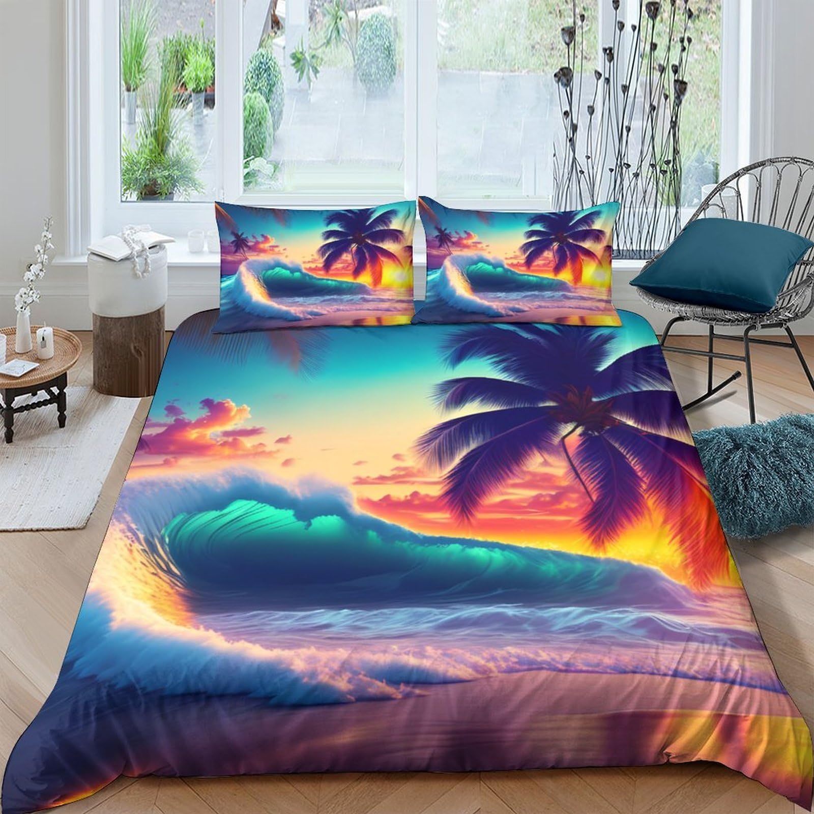Ctjqhvkz Style-6 3D Printed Tropical Sunset Beach Fitted Sheet Microfiber Soft Palm Tree Bed Cover For Bedroom Dorm Decor Single（135X200cm）