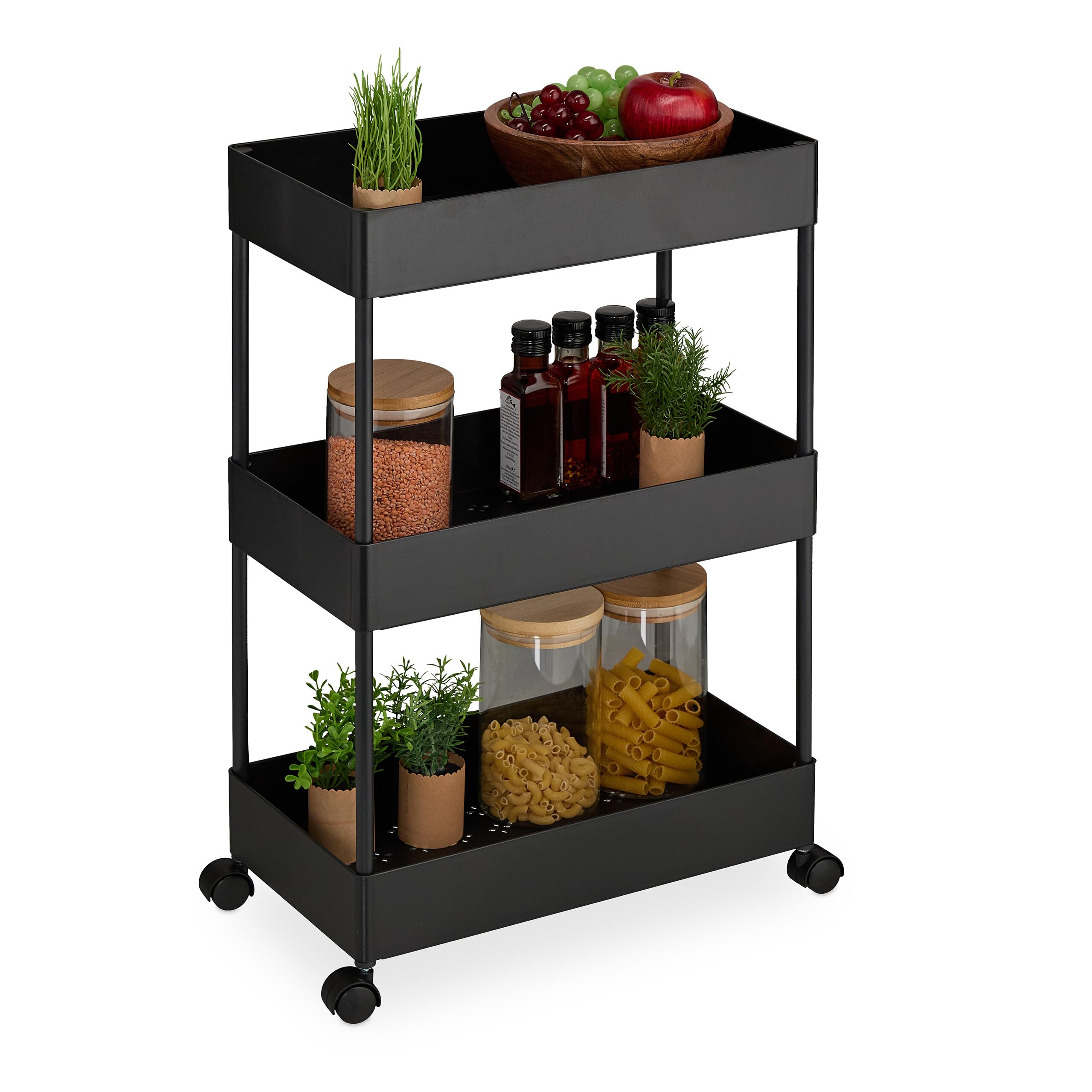 Relaxdays Carrello da Cucina con Ruote, 3 Ripiani, Carrellino Portaoggetti Bagno, Porta Detersivi, 65x39,5x21,5 cm, Nero