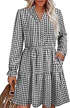 Theenkoln Womens Casual Midi Dress: Short Sleeve V-Neck Empire Waist Gingham Spring Fashion Long Trendy Tiered Formal Dresses