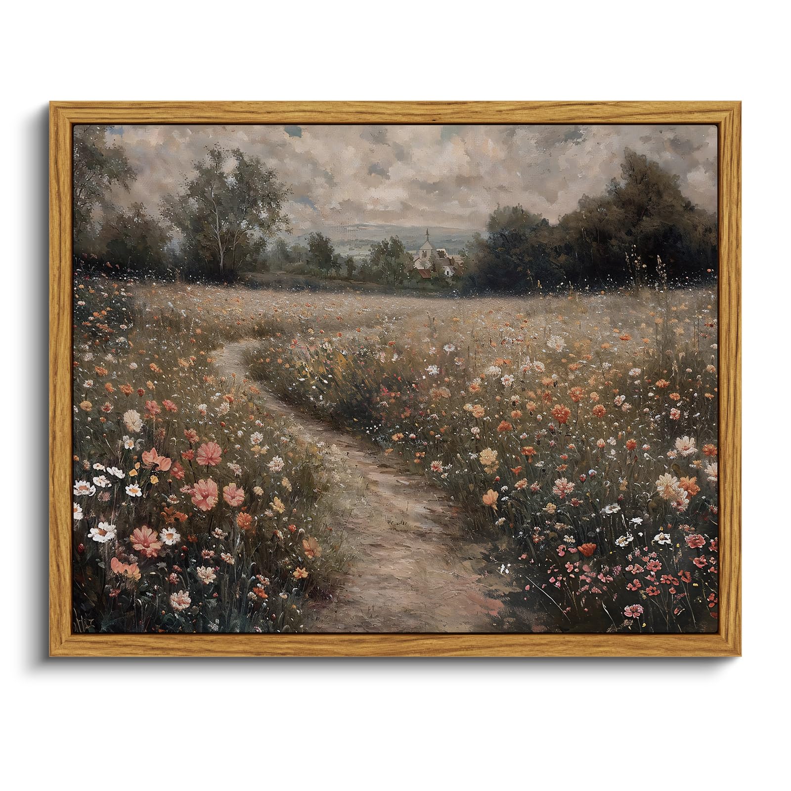 VIYYIEA Framed Canvas Wall Art Home Decor Vintage Landscape Nature Country Wildflower Paintings Farmhouse Pictures Floral Artwork Rustic Flower Prints Cottagecore Living Room Bedroom Bathroom 8x10in