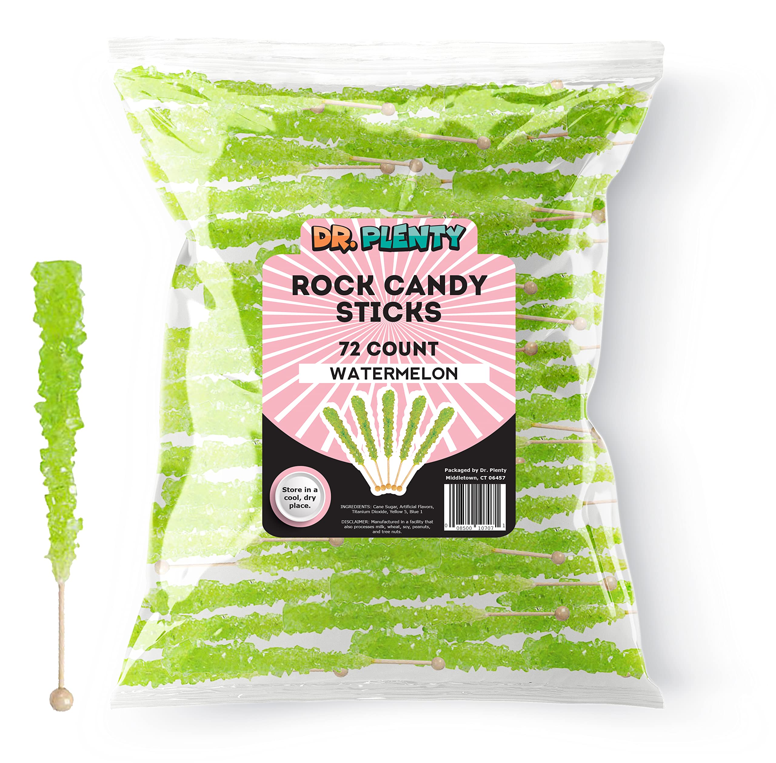 Green Rock Candy Sticks – Watermelon Flavor, 72 Pack Bulk Individually Wrapped Sugar Crystals for Party Favors, Weddings, Baby & Bridal Showers – By Dr. Variety