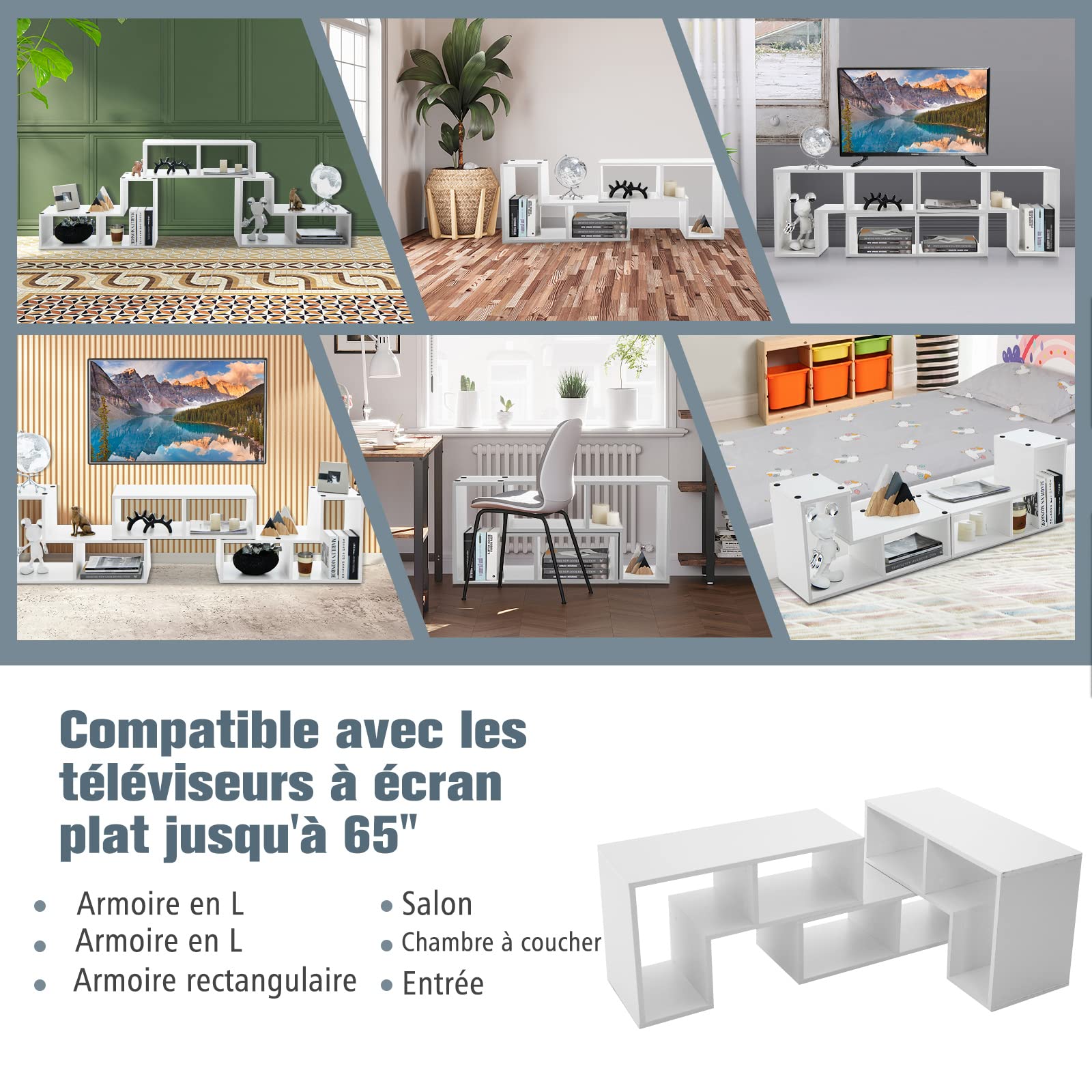 COSTWAY Meuble TV Modulaire 3 Pièces, Meuble Télé Angle Extensible 49 Pouces, Étagère Bibliothèque Bois 135x30x43cm Blanc