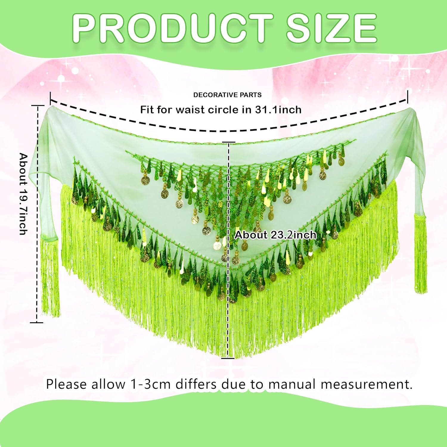 MUNAFIE Belly Dance Hip Scarf with Tassels Sequins, Triangle Coins Wrap Skirt Music Festival Clothing Skirt - Image 3